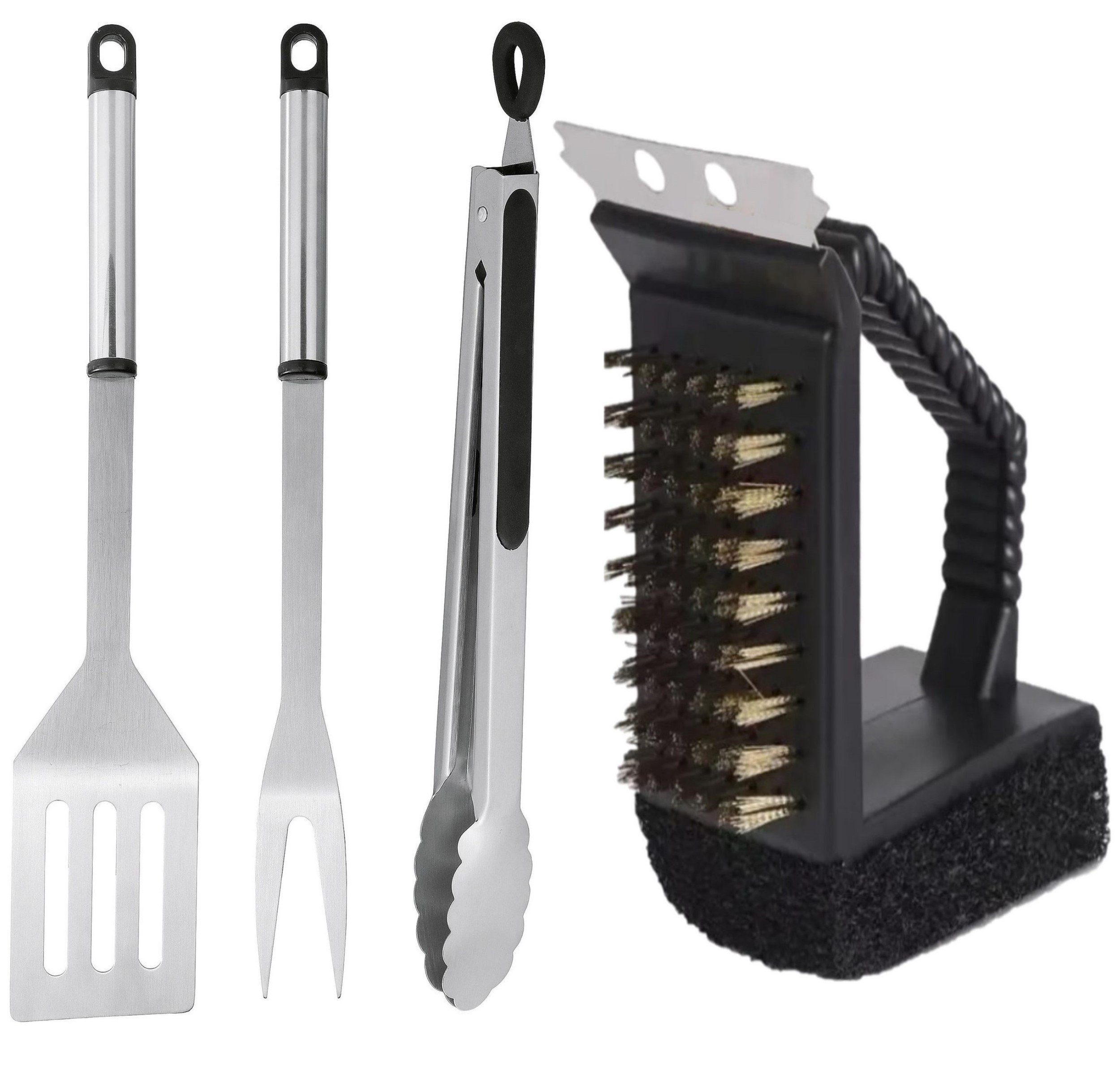 HI Grillbesteck-Set 4 Teiliges Edelstahl Grillbesteck Set Zange Gabel Wender Grillbürste, (Set, 4 tlg., geeignet für Grillen Picknick BBQ Liebhaber Camping Garten), Grillzange, Grillwender Grillgabel & Grillreinigungsbürste | Grillbesteck