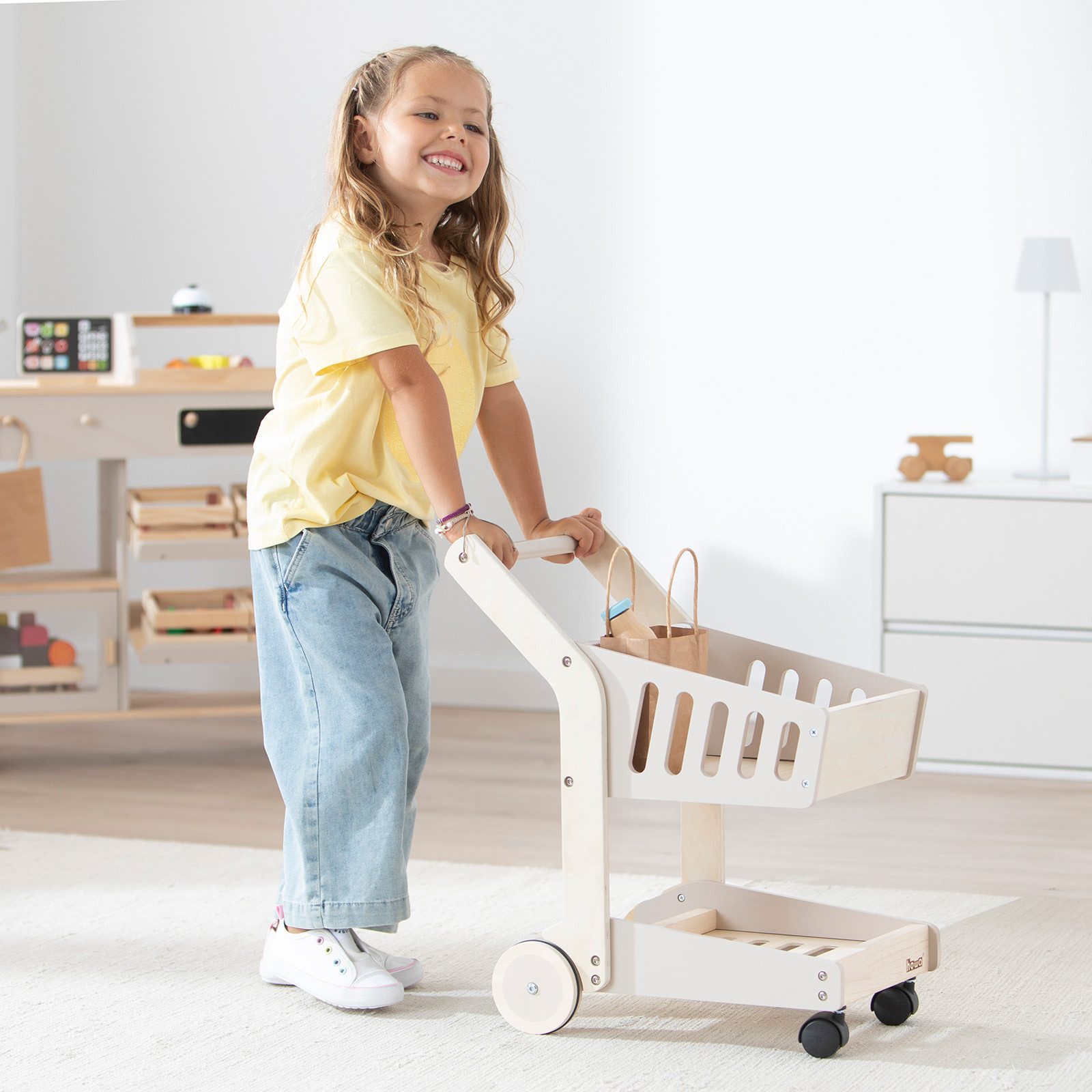 howa Spiel-Einkaufswagen, Spielzeug Einkaufswagen aus Holz– Kaufladen Zubehör natur, beige