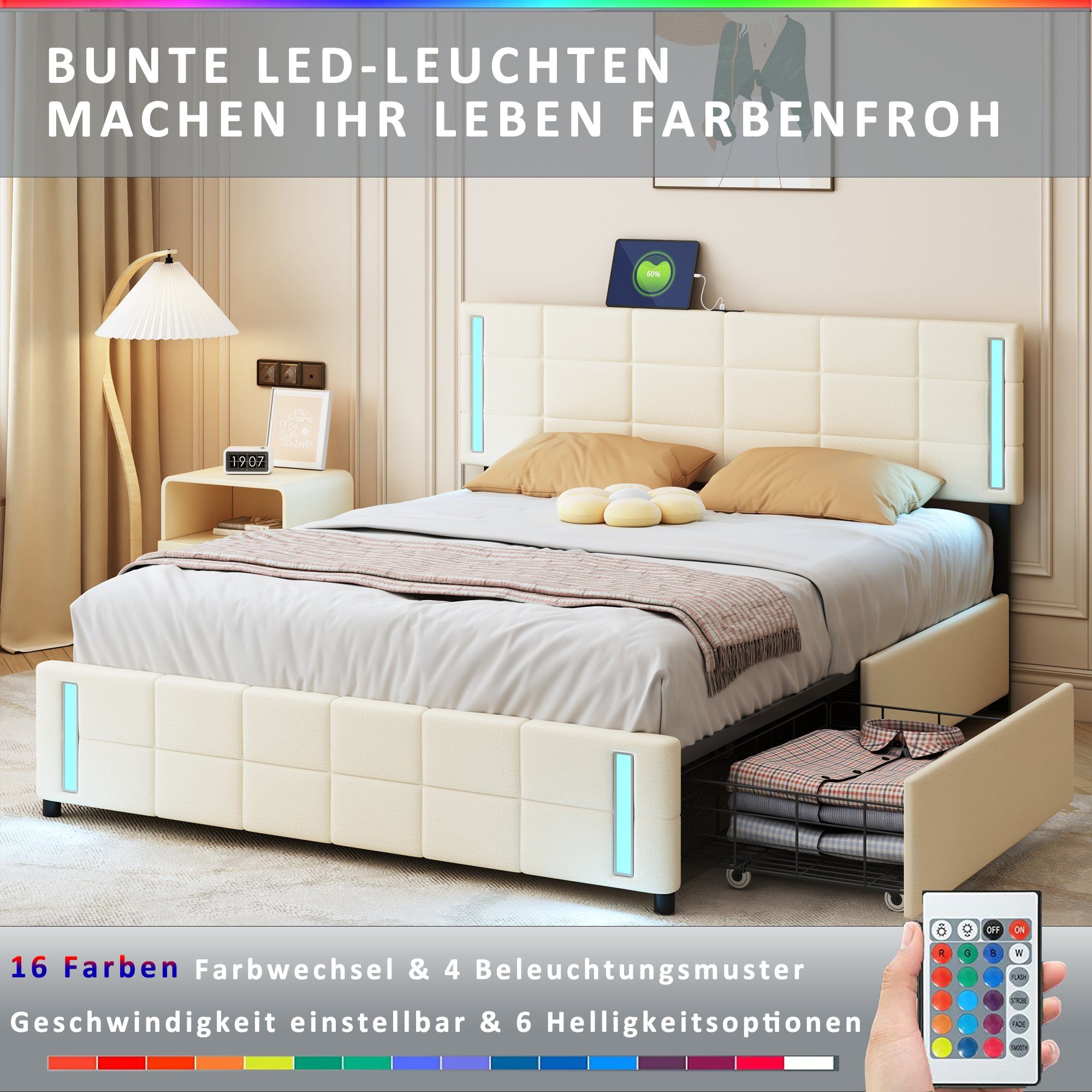 REDOM mit Kinderbett Gästebett 4 LED-Lichtsteckdose gepolstert, Ohne Matratze Schubladen), beige Polsterbett Doppelbett Polsterbett (Leinen 140*200cm