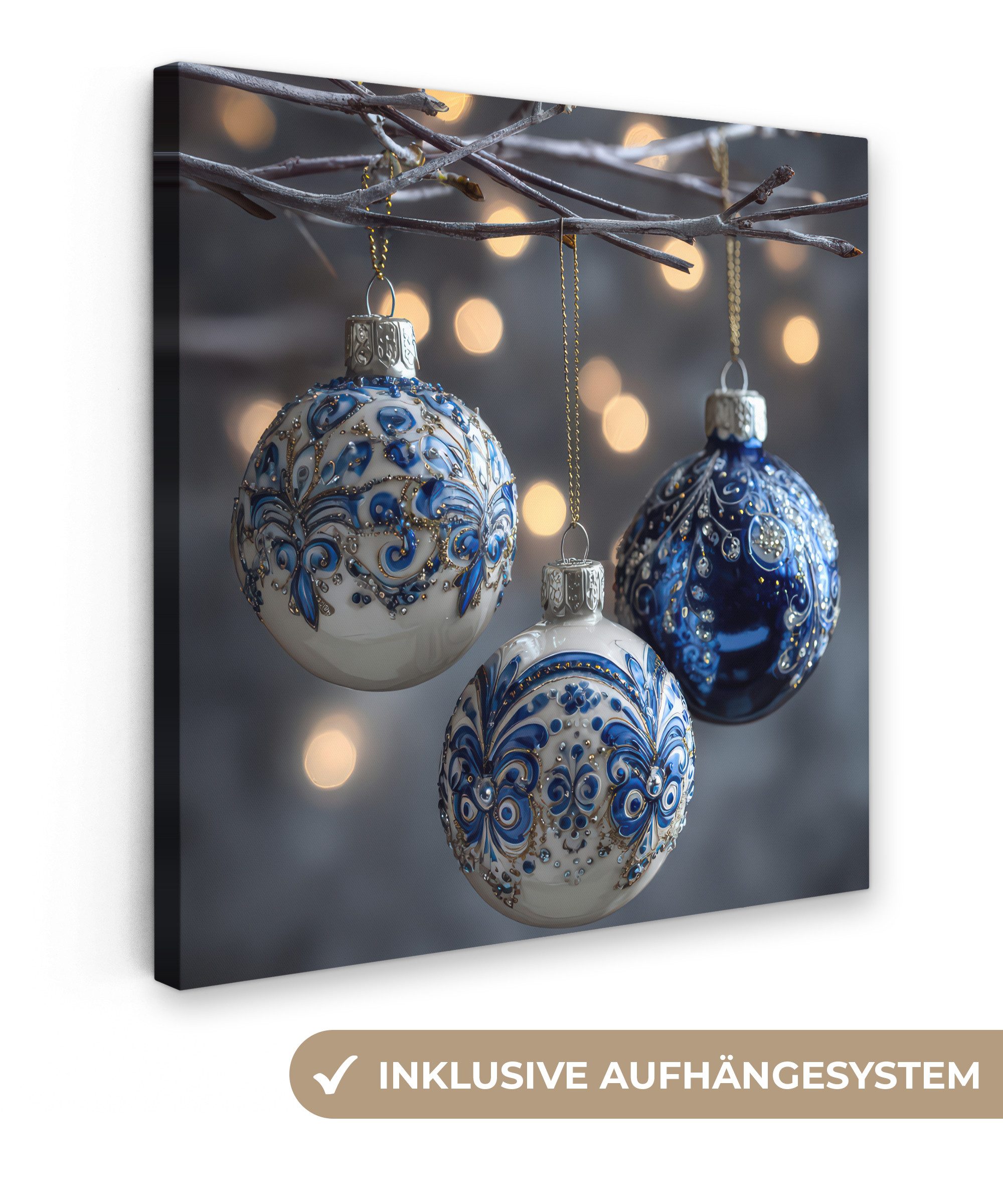 OneMillionCanvasses® Leinwandbild Weihnachtskugel - Dekoriert - Blau, Fotodruck (1 St), Wandbild, Deko Schlafzimmer Wohnzimmer Flur 20x20 cm