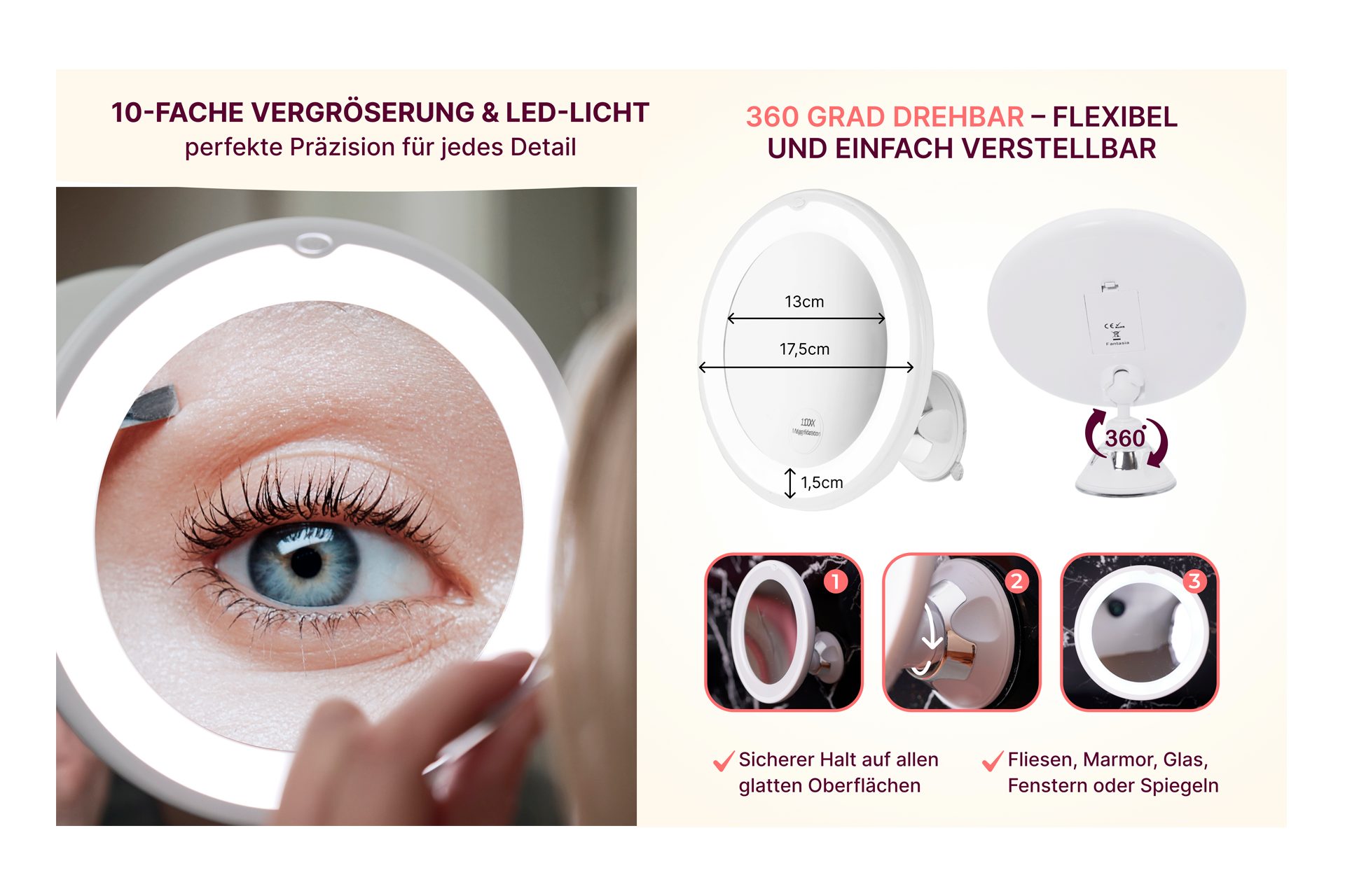 Fantasia Badspiegel Saugnapfspiegel weiß mit 10-fach Vergrösserung und LED-Beleuchtung (1-St), 10-fach Vergrösserung, mit Saugnapf
