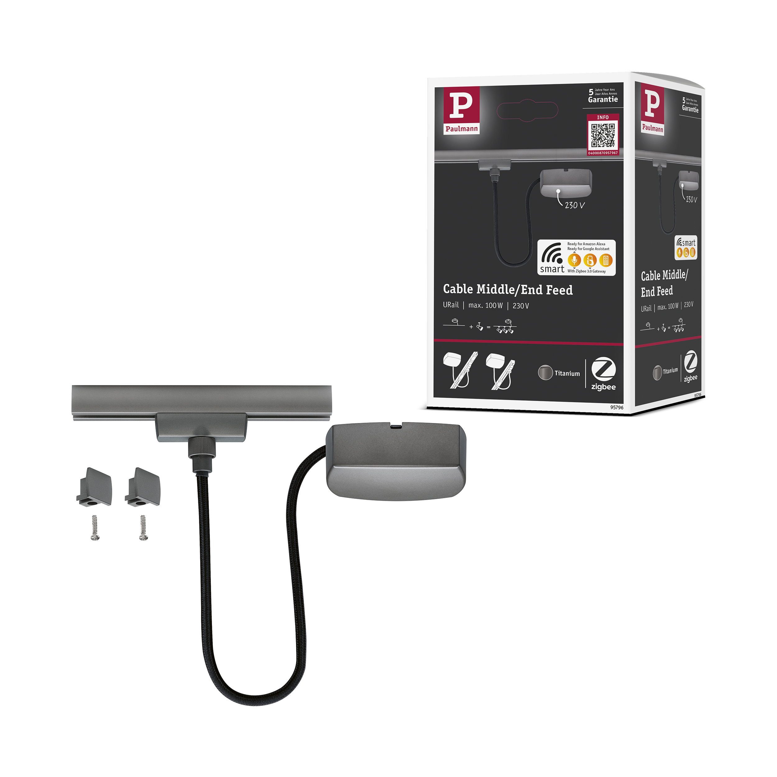 Paulmann URail Einspeisung Zigbee 3.0 Kabel 1m max. 100W Titanium Lampen-Verbindungskabel, (0.01 cm)