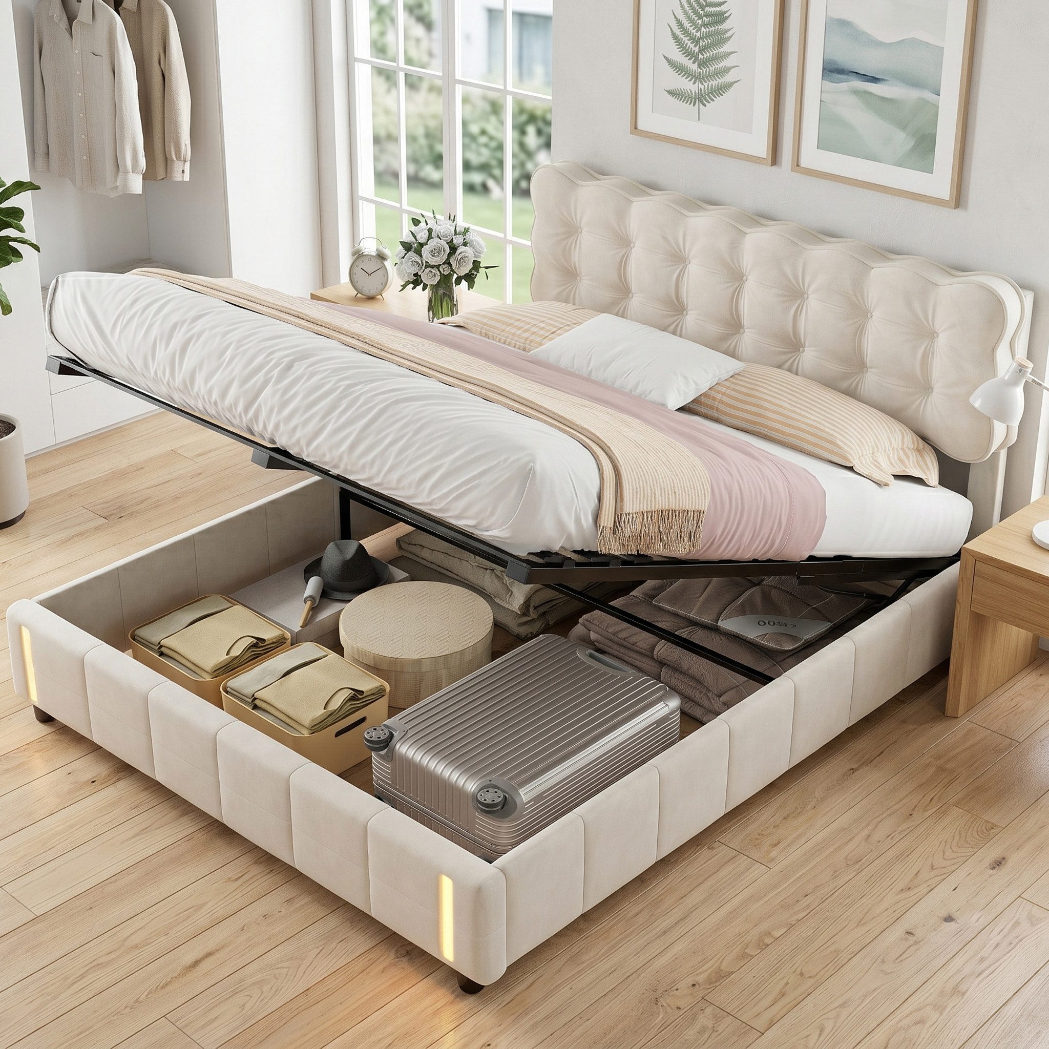 Yelenaro Polsterbett Doppelbett Stauraumbett Mit LED-Sensorleuchte (Packung, 1-tlg., Jugendbett), 160x200 cm,Mit Bettkasten,Kopfteil und Bettgestell,Samtstoff,Beige