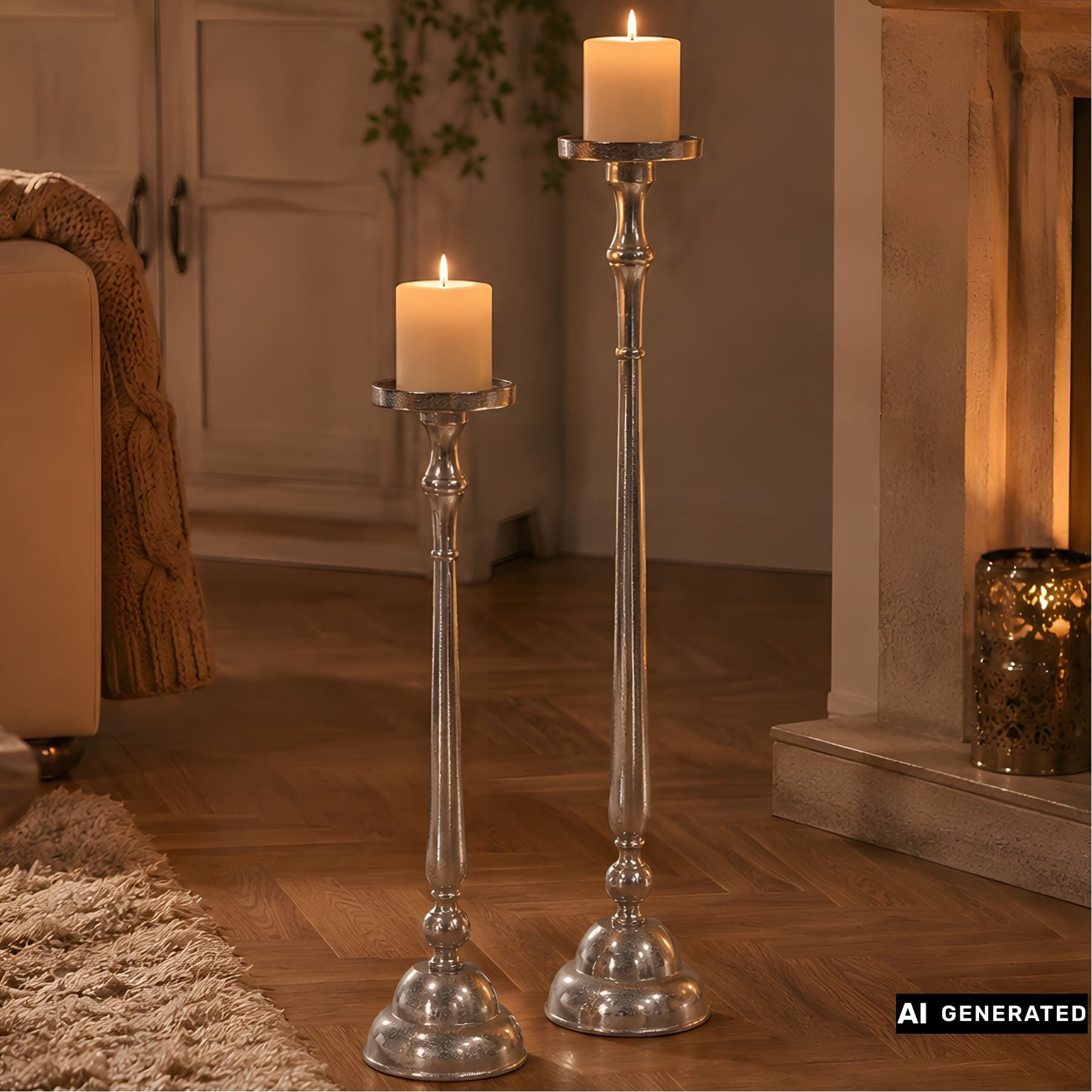 Dekoleidenschaft Kerzenständer "XXL" aus Aluminiumguss silber, 70 + 89 cm hoch, Alu Kerzenhalter (2 St., im Set), für Stumpenkerzen