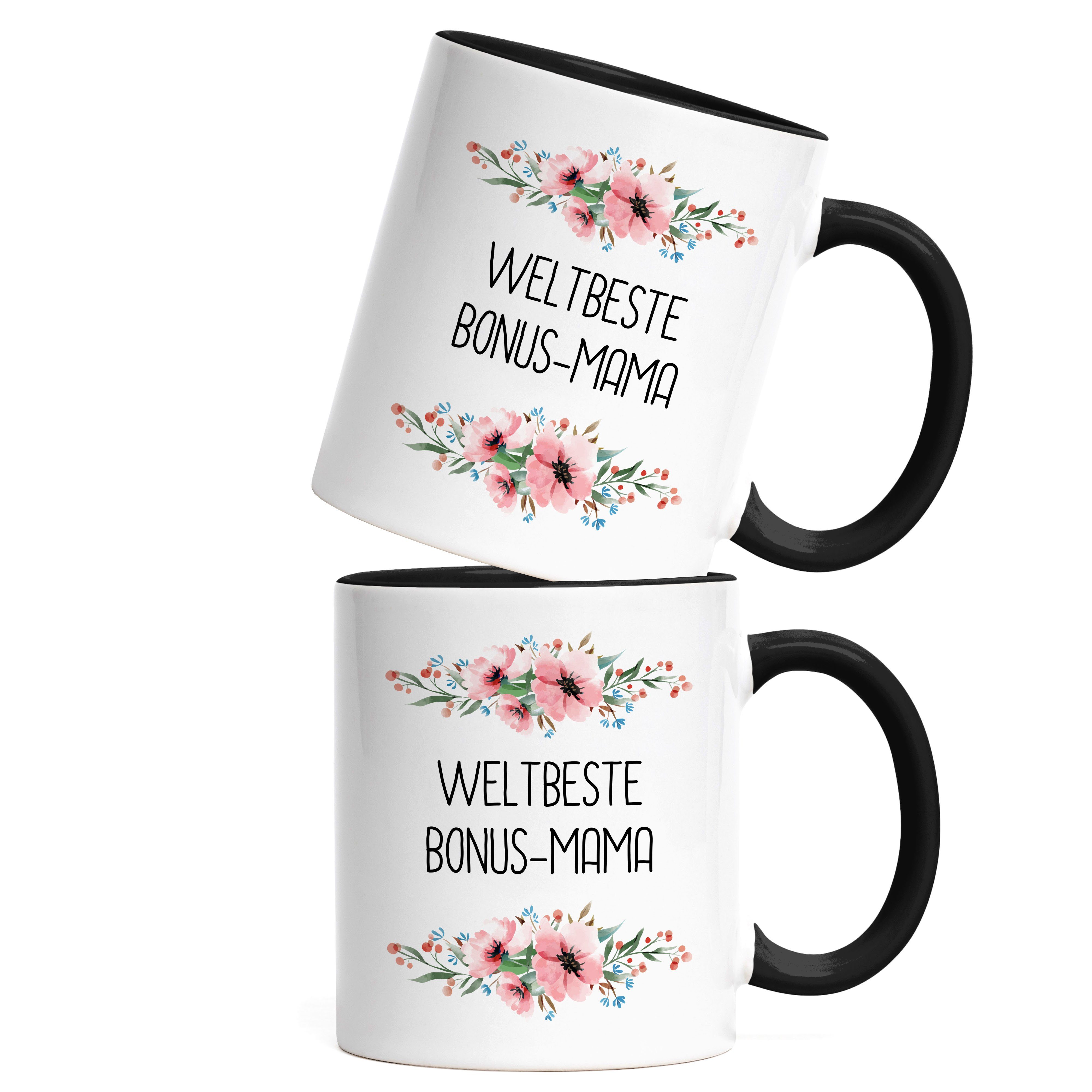 Blumenmotiv Tasse Geschenkidee Weltbeste Muttertag Bonus-Mama Schwarz Mutterliebe Geburtstag, Hey!Print Keramik Tasse
