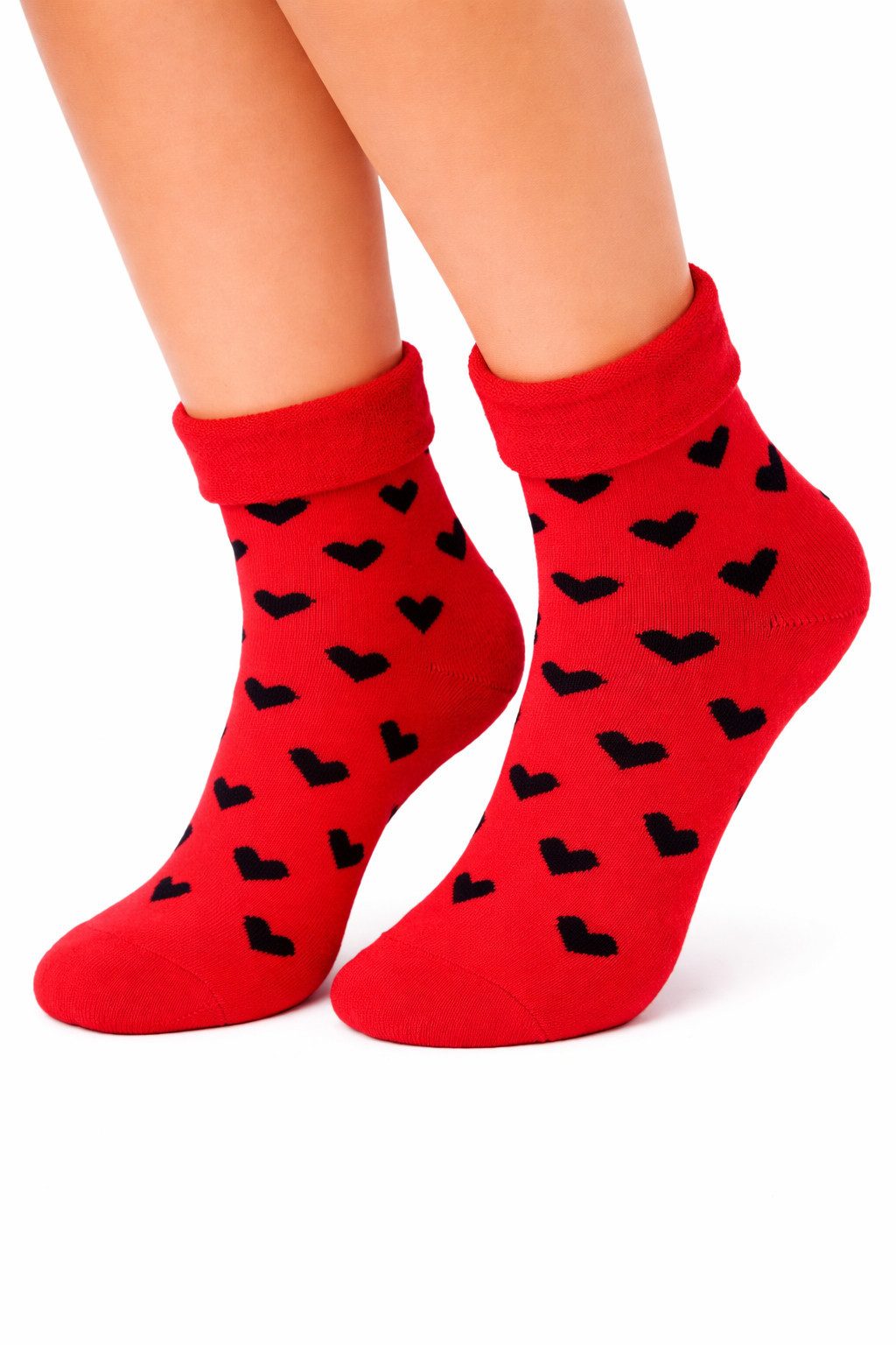 Thermosocken Socken Frottee socks Strümpfe mit Herzen in Rot Schwarz unisex