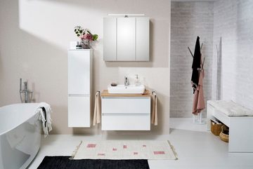 Saphir Badmöbel-Set Quickset 360 2-teilig, Keramik-Aufsatzbecken mit LED-Spiegelschrank, (2-St), Waschtischplatte, 78 cm breit, Weiß Glanz, 3 Türen, 2 Schubladen