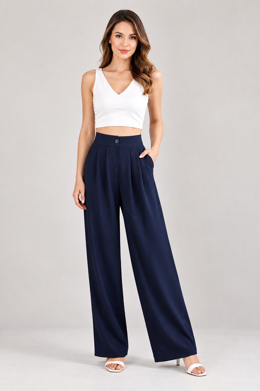 fashionshowcase Bundfaltenhose Damen Palazzohose High Waist – Weite Stoffhose mit Taschen Business & Casual Style