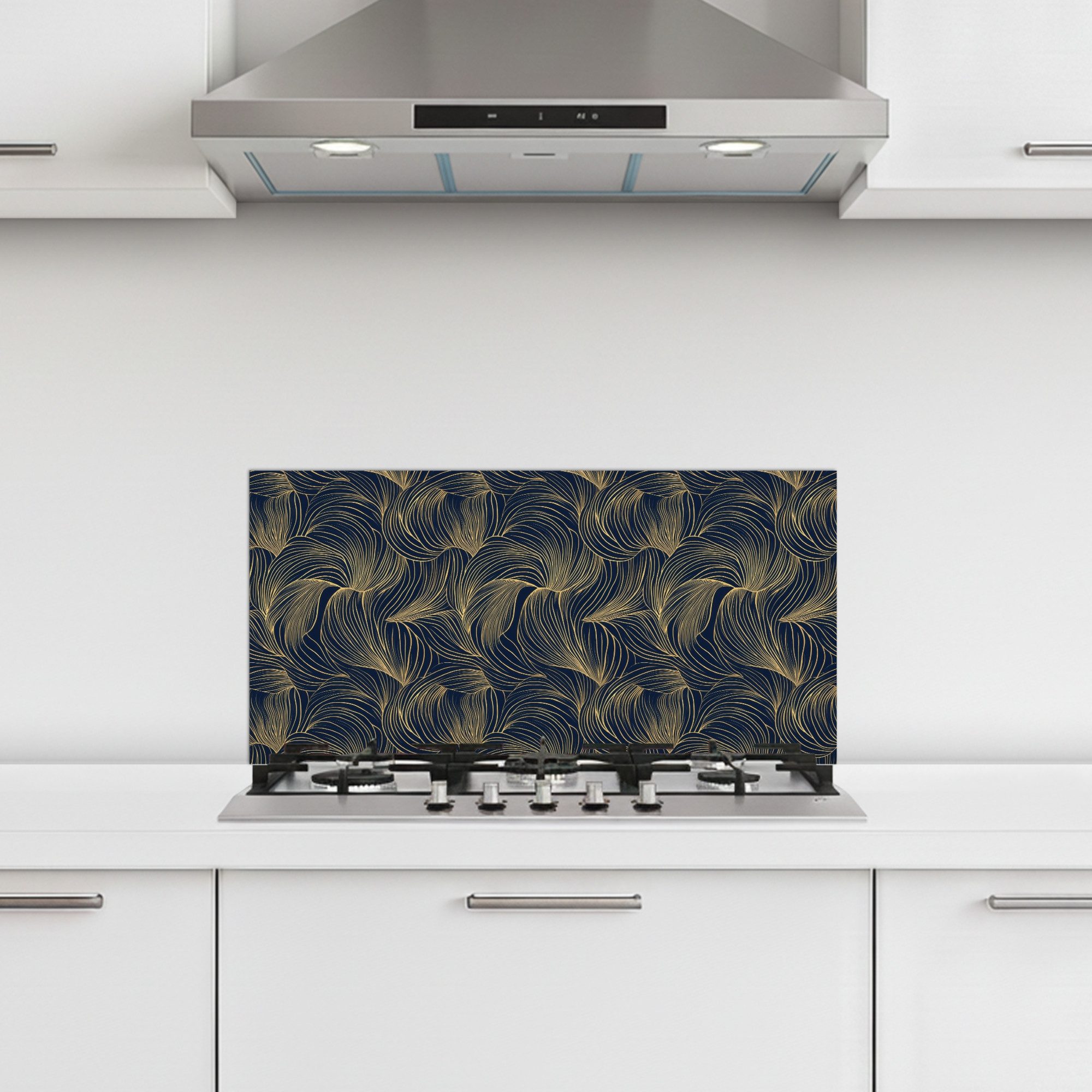 KitchenYeah Küchenrückwand selbstklebend (keine Folie) Abstrakt - Linien - Blau - Gold, (1-tlg), Spritzschutz Herd Wand, Küchen Deko, 70x30 cm