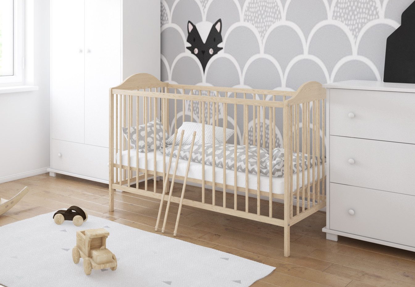 Babybett Gitterbett 60x120 höhenverstellbar, herausnehmbare Sprossen