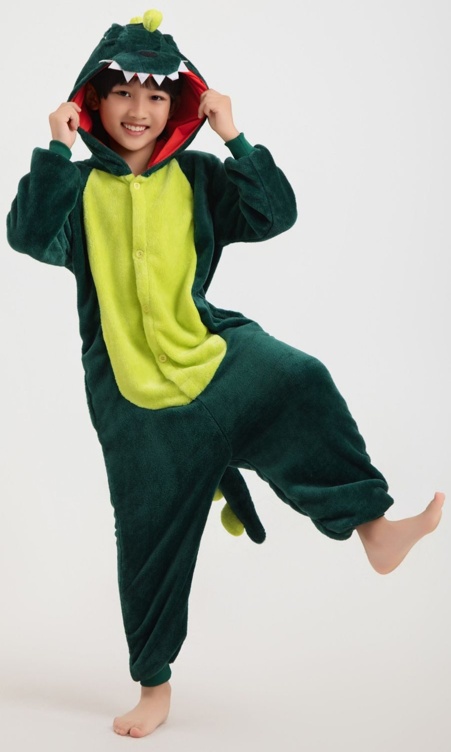 Corimori Jumpsuit Kinder Kostüm Jumpsuit Onesie verschiedene Designs (1-tlg) Fasching, Karneval, Tierkostüme Krokodil Grün 110-116 Dino Dinosaurier – Bild 2 von 5