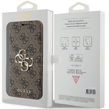 Guess Handyhülle Bookcase Cover iPhone 15 Pro braun Logo goldfarben aufstellbar 6,1 Zoll, Kartenfach