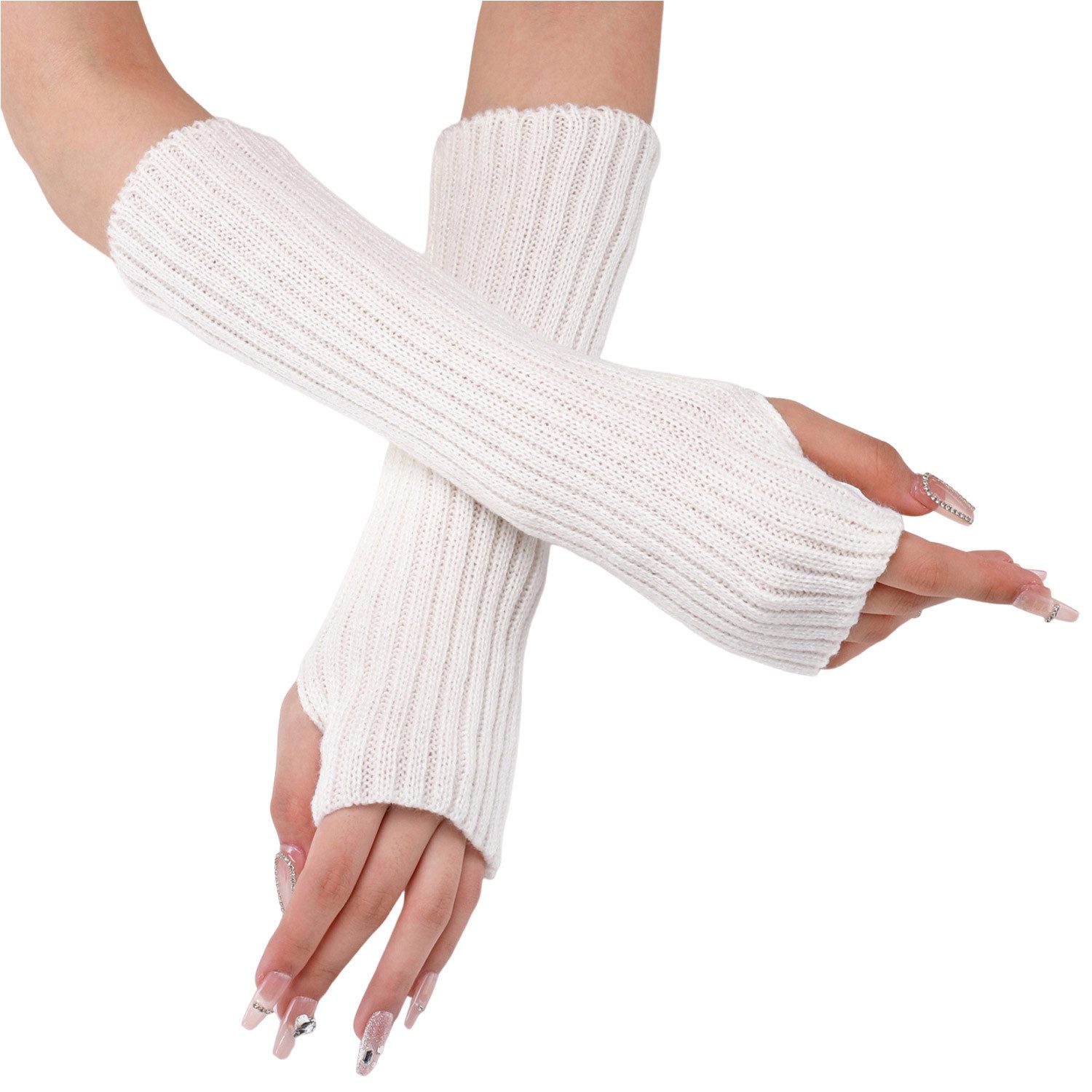 Refttenw Strickhandschuhe 2 Paar Lange Handstulpen Gestrickte Handschuhe für Damen, Fingerlose (Set) Handwärmer mit Daumenloch