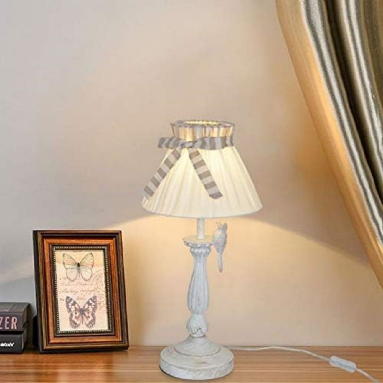 Vintage Schreib- E27, Höhe für Leinenschirm Tischleuchte jeden oder cm, mit Nachttischlampe Schleifchen, mit Vogelschmuck, 55 60W, JDONG Tischlampen Nachttisch