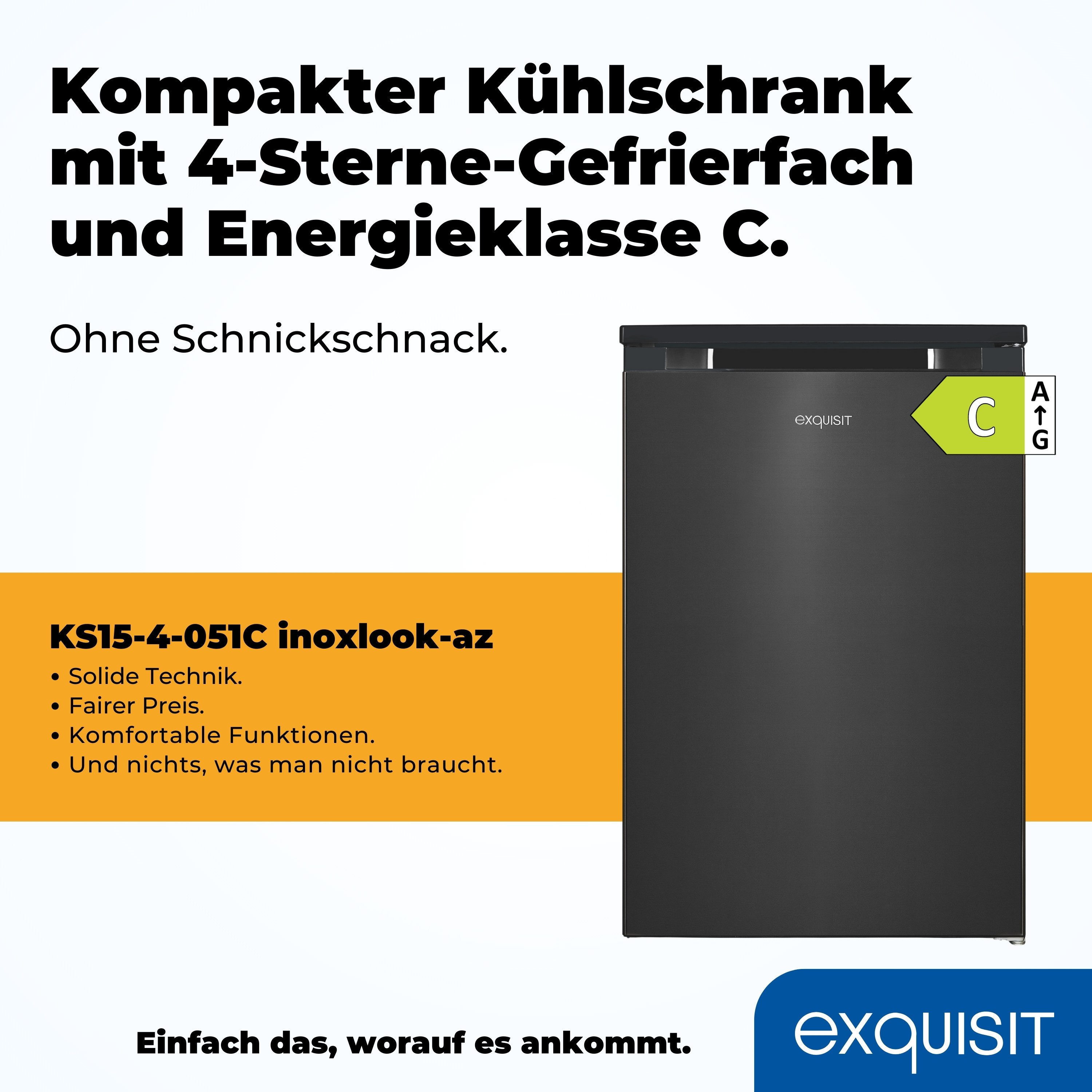 exquisit Kühlschrank KS15-4-051C inoxlook-az, 84,5 cm hoch, 54,9 cm breit, Flexibel & geräumig: 107 L Mini-Kühlschrank mit 4-Sterne Gefrierfach