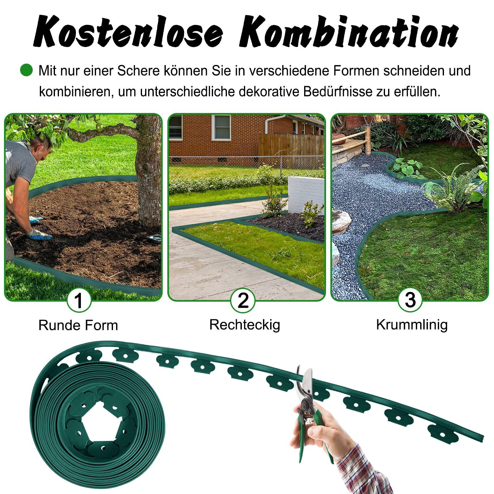 FIVMEN Rasenkante Rasenkante Kunststoff 10m Flexible Beetumrandung Wurzelsperre System, Schwarz/Hellgrau/Grün, Beeteinfassung blumenbeet Umrandung mit 30 Befest – Bild 4 von 5