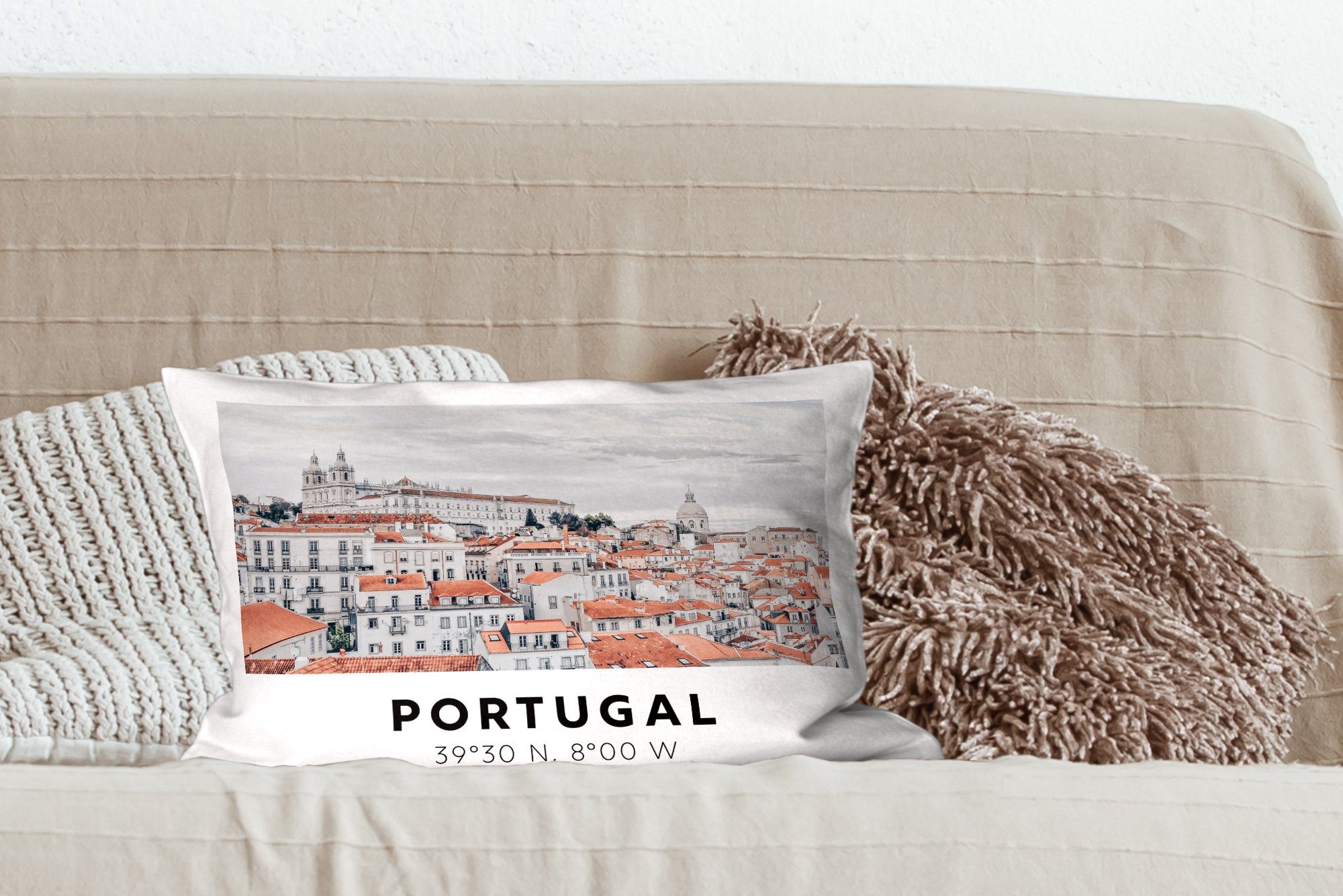 Dekoration, - Portugal Schlafzimmer Füllung, - Dekokissen Dekokissen Europa mit Zierkissen, - Silhouette, MuchoWow Rot Wohzimmer