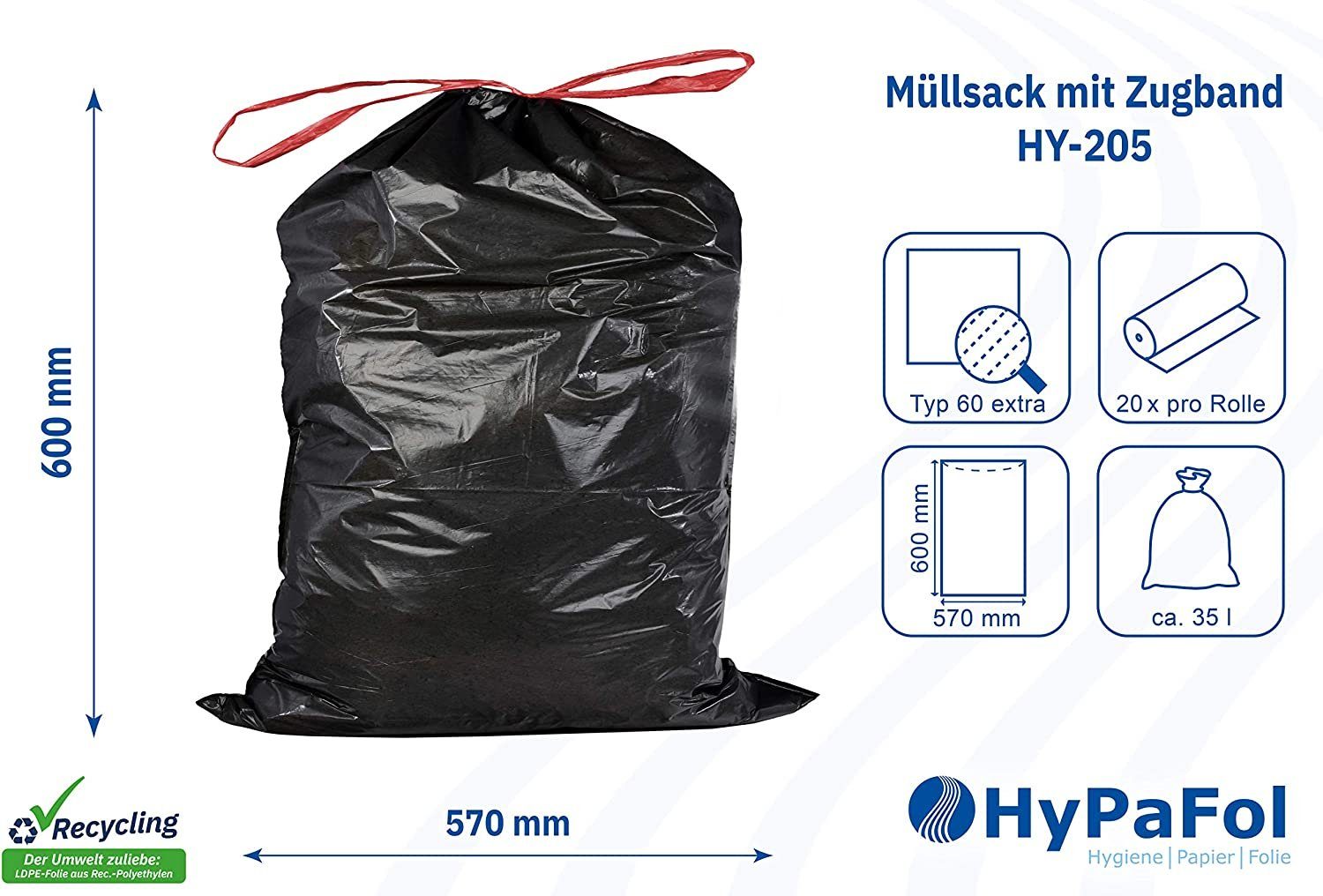 Hypafol Müllbeutel Typ 60 mit Zugband, 35-60 Liter I stabil & gute Reißfestigkeit 5 Stück