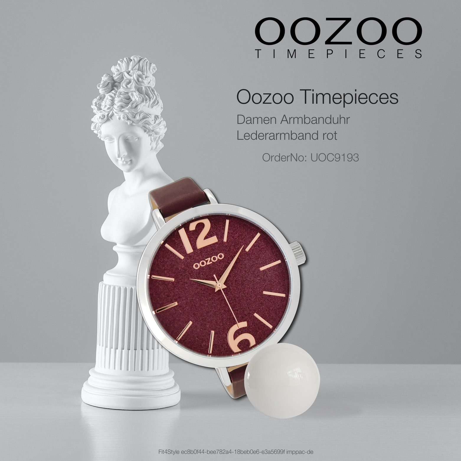 OOZOO Quarzuhr Oozoo Armbanduhr Damen groß extra Lederarmband, Fashion-Style rund, (ca. 48mm) silber, Damenuhr