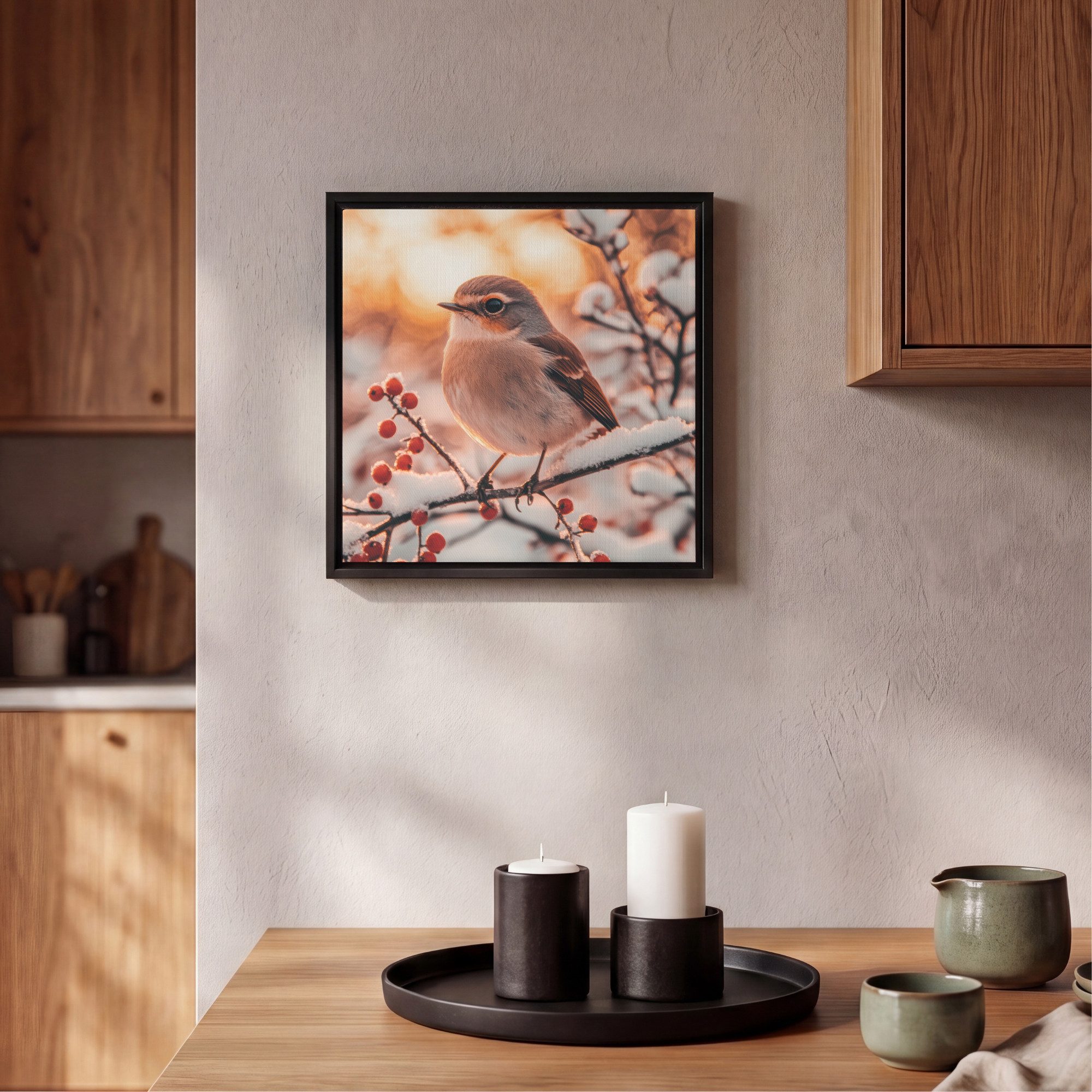 OneMillionCanvasses® Leinwandbild mit Rahmen - Vogel - Zweig - Winter - Tiere - Schnee, Fotodruck (1 St), Leinwand Bilder Klein, Wand Dekoration Aesthetic 20x20cm