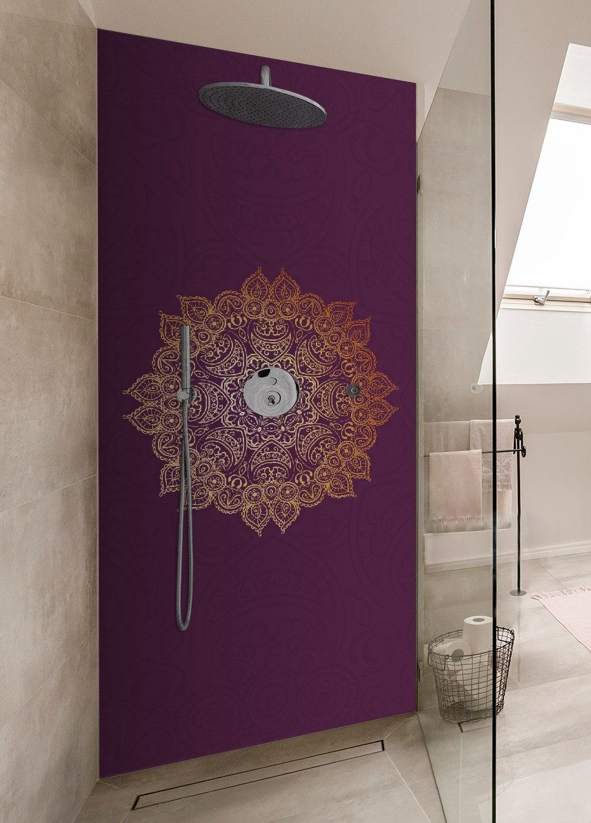 Thumbnail - Wallario Duschrückwand goldenes Mandala auf violettem Hintergrund, (1-tlg)