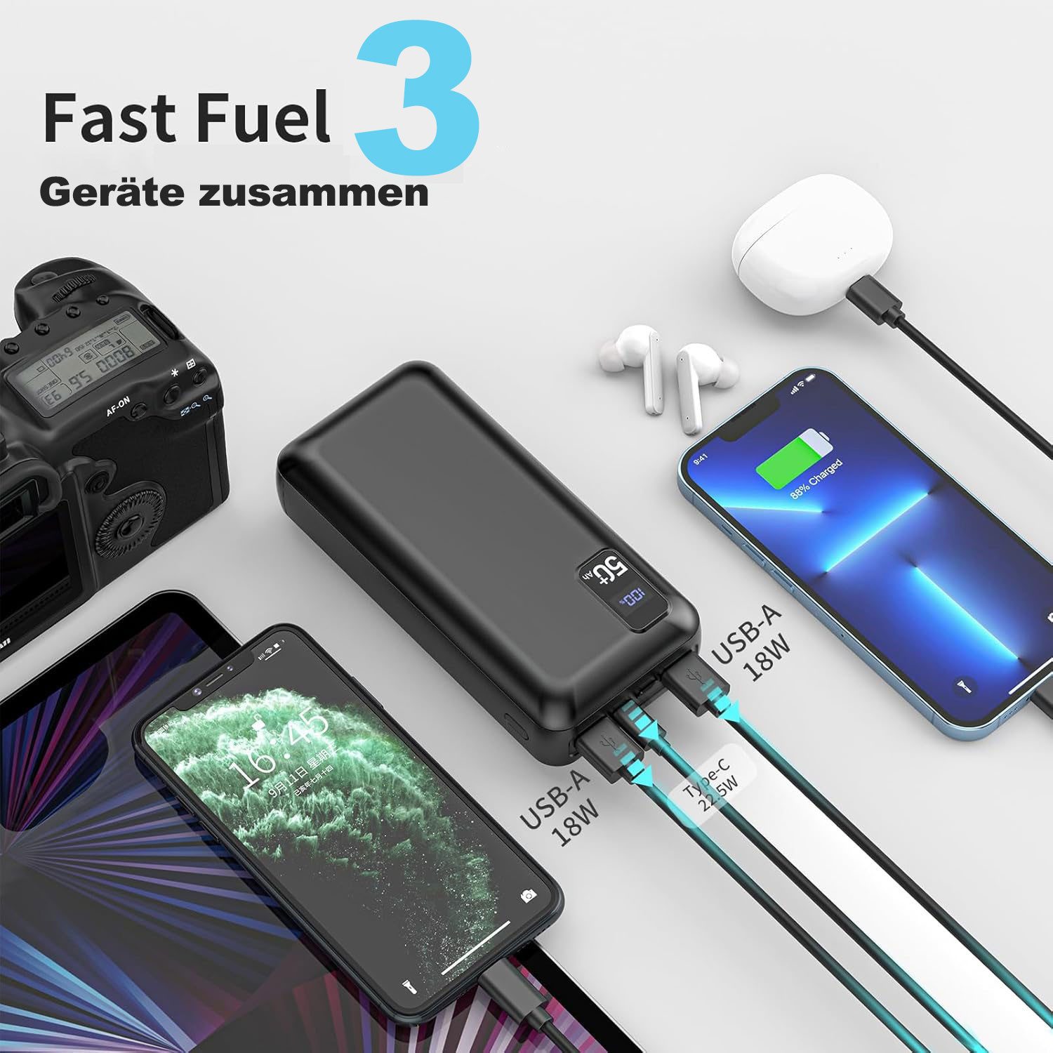 Pdgrid 50000mAh 22,5W große kapazität Power Bank Schnellladen Powerbank 50000 mAh (3,7 V), Schnellladung, Typ-C + USB-C-Dualschnittstelle