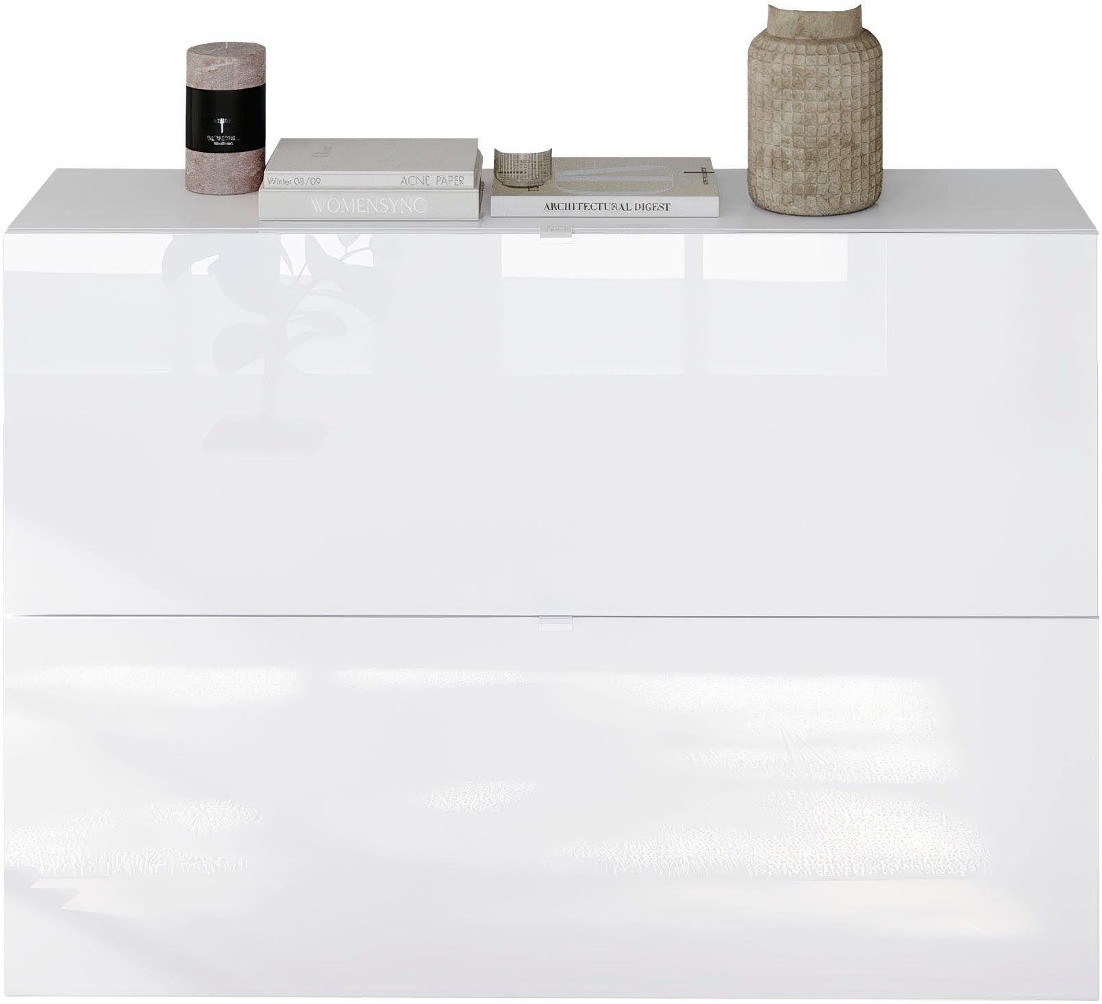 OTTO home Schuhschrank SMILE Breite 104 cm, 2 Klappen, komplett Weiß Hochglanz lackiert, Schuhkipper hängend o. stehend montierbar, 4 Fächer, Metallgriffe – Bild 4 von 5