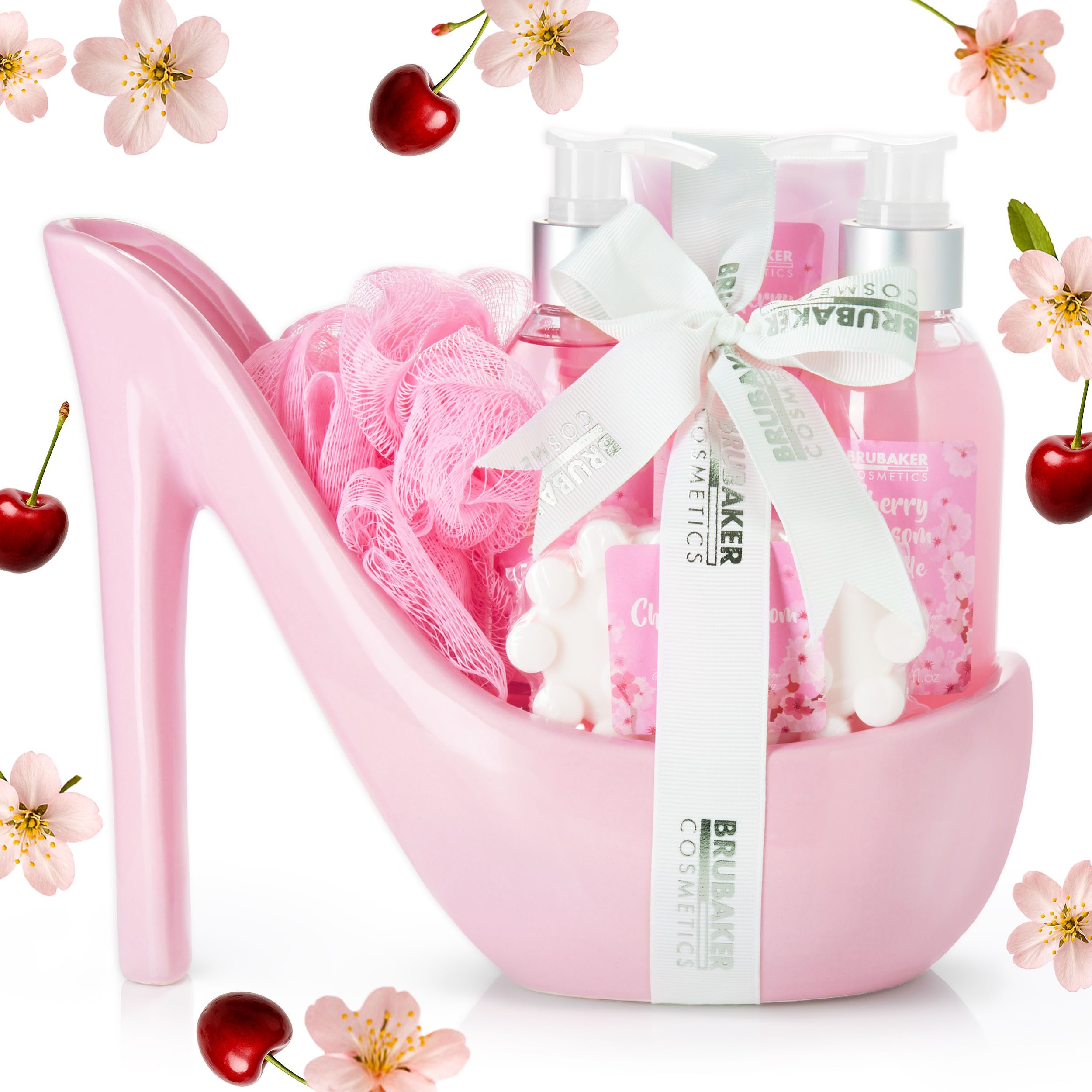 BRUBAKER Pflege-Geschenkset Bade- und Dusch Set für Frauen, Damen Pflegeset Wellness, 6-tlg., Luxus Geschenkset in Keramik Stiletto, Badeset mit Kirschblüten Duft