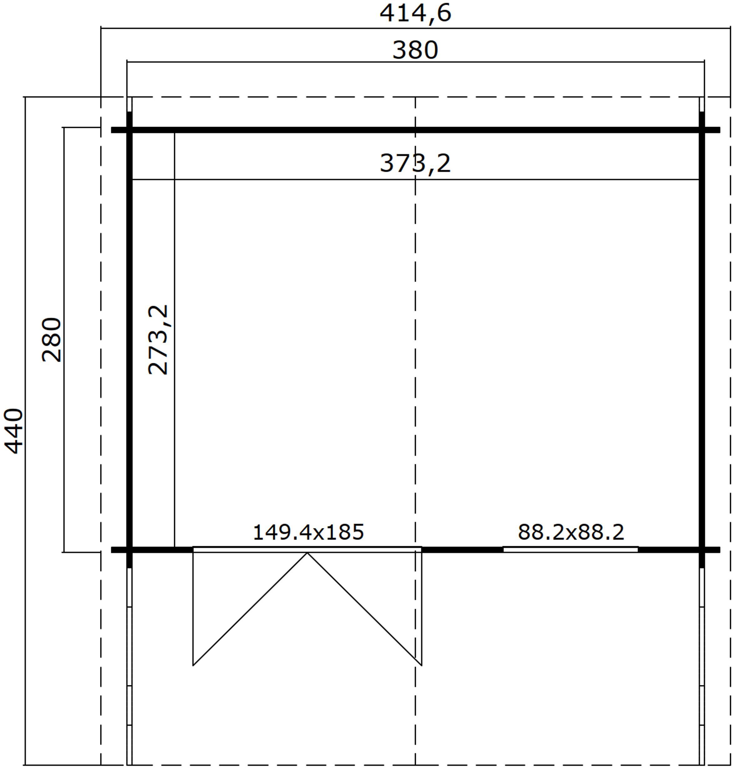 LASITA MAJA Gartenhaus 34, Orlando 400x440 34mm, BxT: Lichtgrau 3800x2800, Fundamentmass Blochbohlenhaus cm