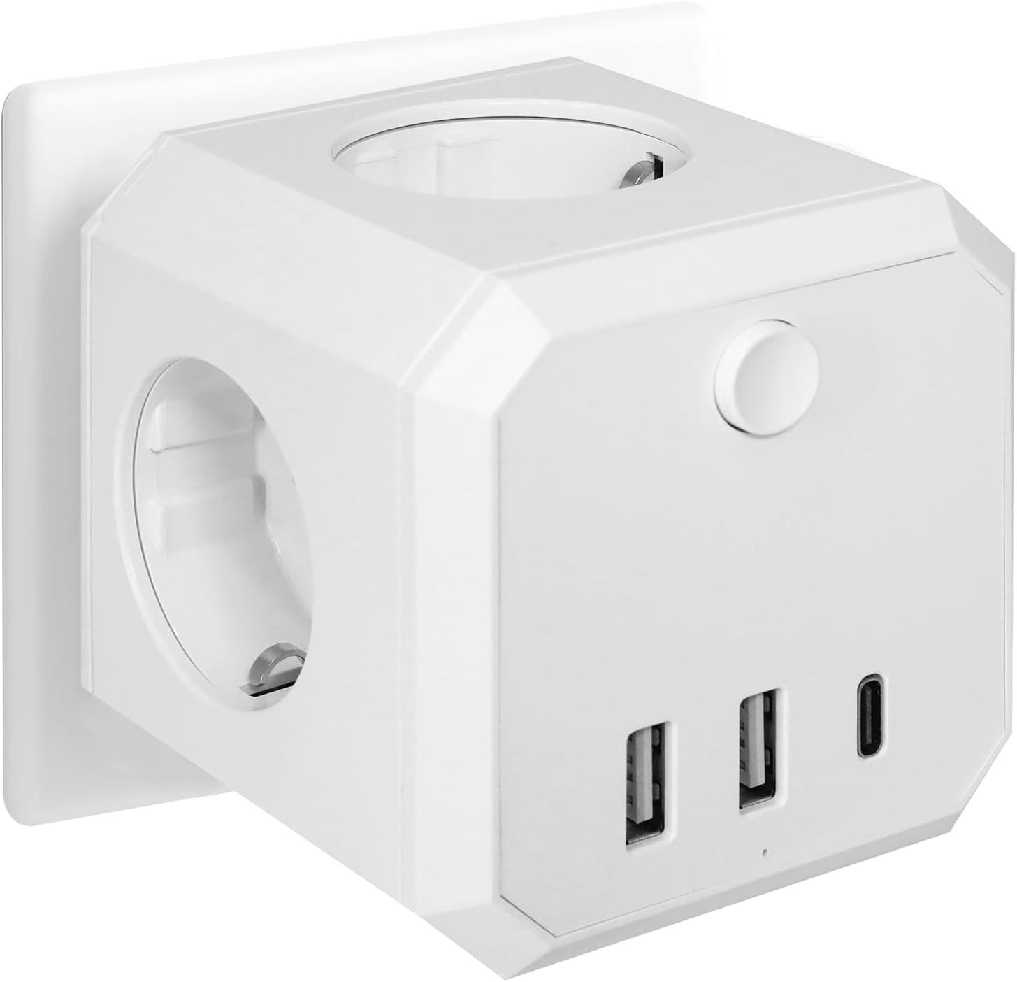 HNCY 7-in-1 Steckdosenwürfel ohne Kabel mit USB-A & USB-C, 4 Fach Mehrfachsteckdose 7-fach (Ein-/Ausschalter Kindersicherung Überlastschutz USB-A & USB-C Anschlüsse Flammhemmendes Gehäuse, Überspannungsschutz, Überstromschutz, Kurzschlussschutz, Kindersicherung, flammhemmendes Gehäuse), 4 Steckplätze, 2x USB-A, 1x USB-C, Ein-/Ausschalter, Kindersicherung
