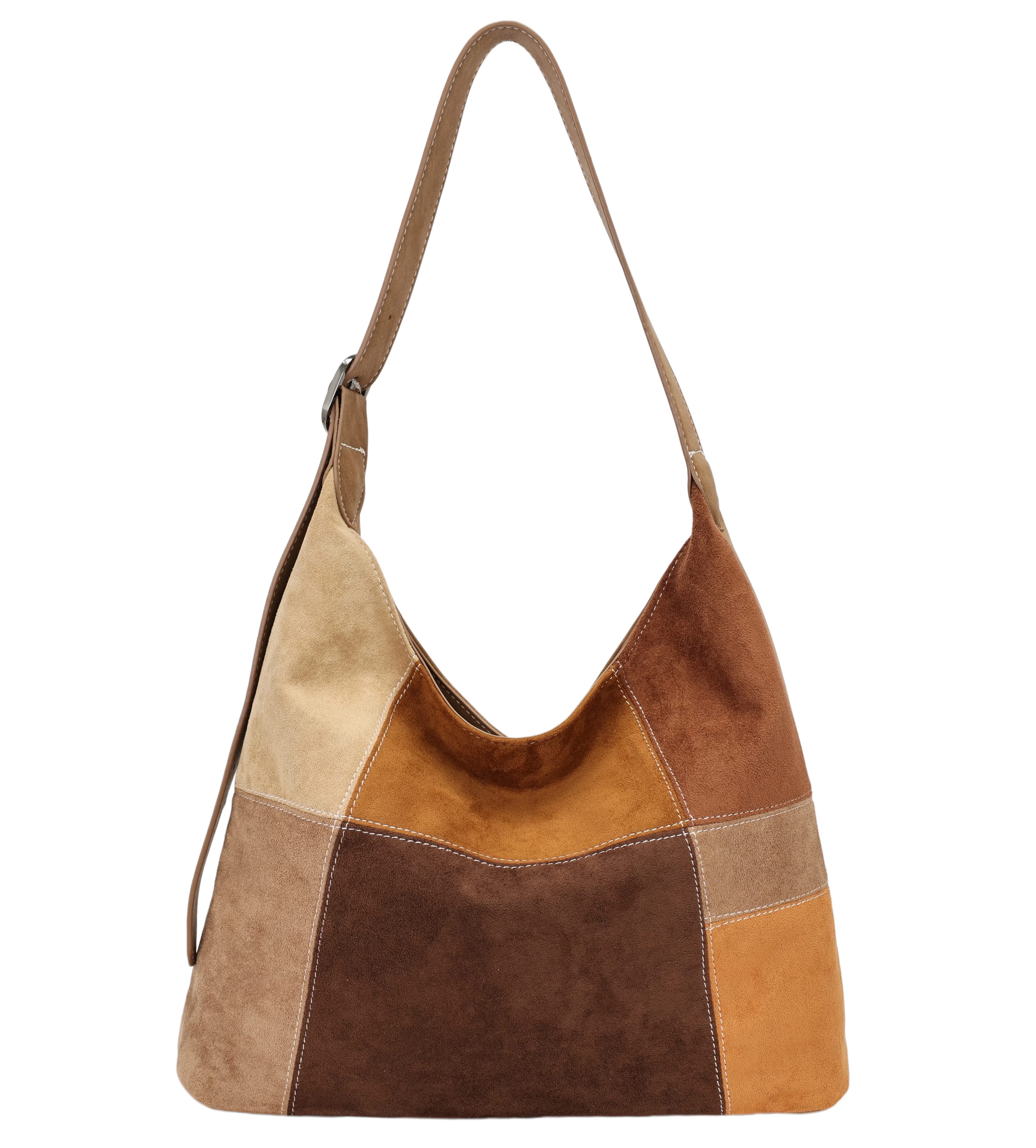 MIRROSI Umhängetasche Schultertasche in Wildleder-Optik – Hobo Bag, Patchwork-Design (Neue Kollektion Herbst/Winter 2026, ca. 38 x 12 x 30 cm), Reißverschluss & langem Trageriemen