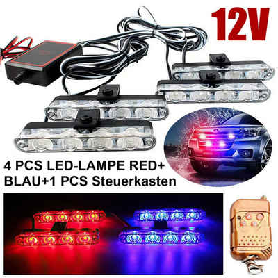 yozhiqu LED Rasterleuchte 16 Stk. rote und blaue LED-Blitzlichter für Autos + Fernbedienung, 12V Polizei-Blinkleuchte, superhell, hohe Leistung, Mittelgitterclip