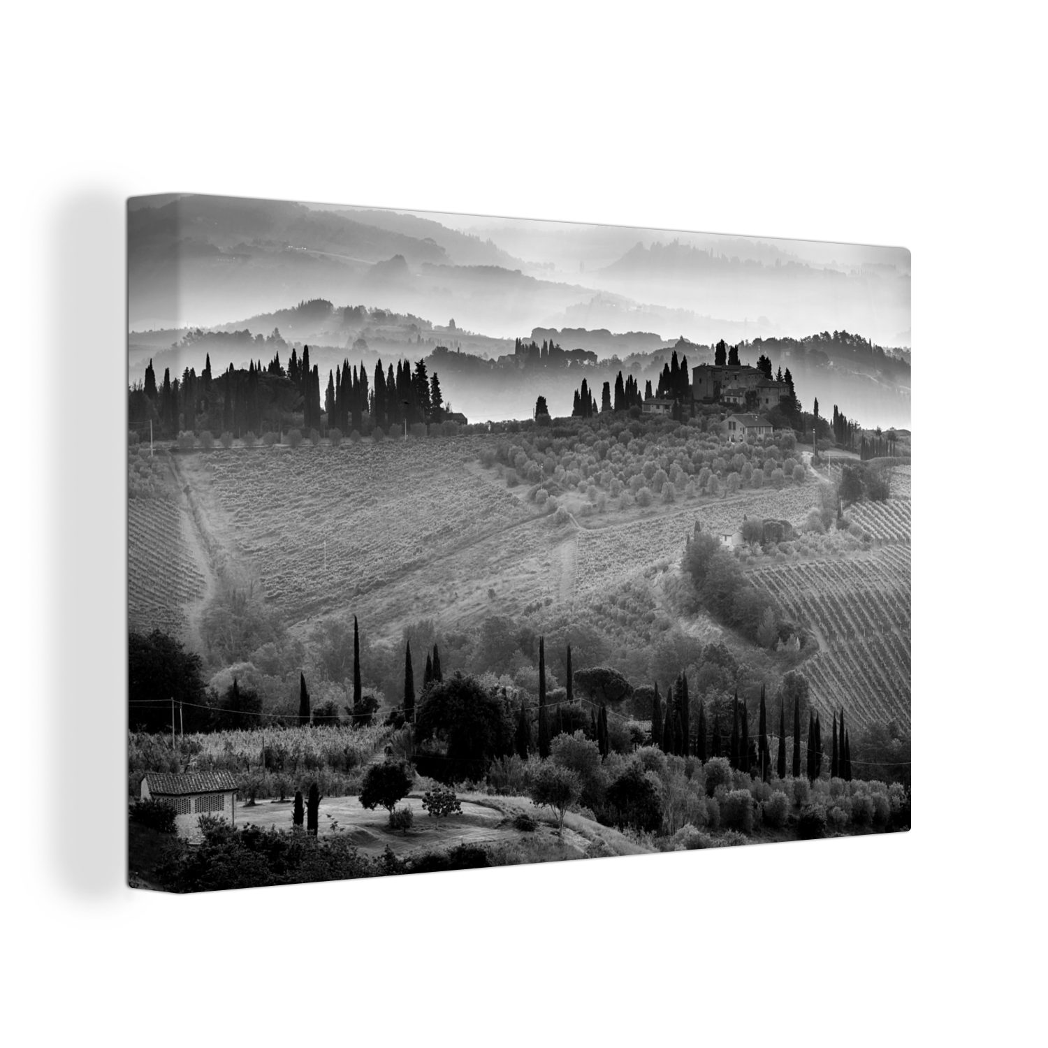 OneMillionCanvasses® Leinwandbild Nebel über dem ummauerten San Gimignano in Italien bei Sonnenaufgang -, (1 St), Wandbild Leinwandbilder, Aufhängefertig, Wanddeko, 30x20 cm