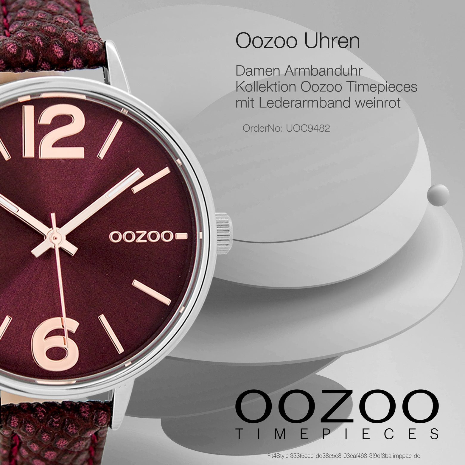 (ca. Damenuhr Fashion-Style OOZOO Oozoo rund, Lederarmband, weinrot, Armband-Uhr 38mm) mittel Quarzuhr Damen