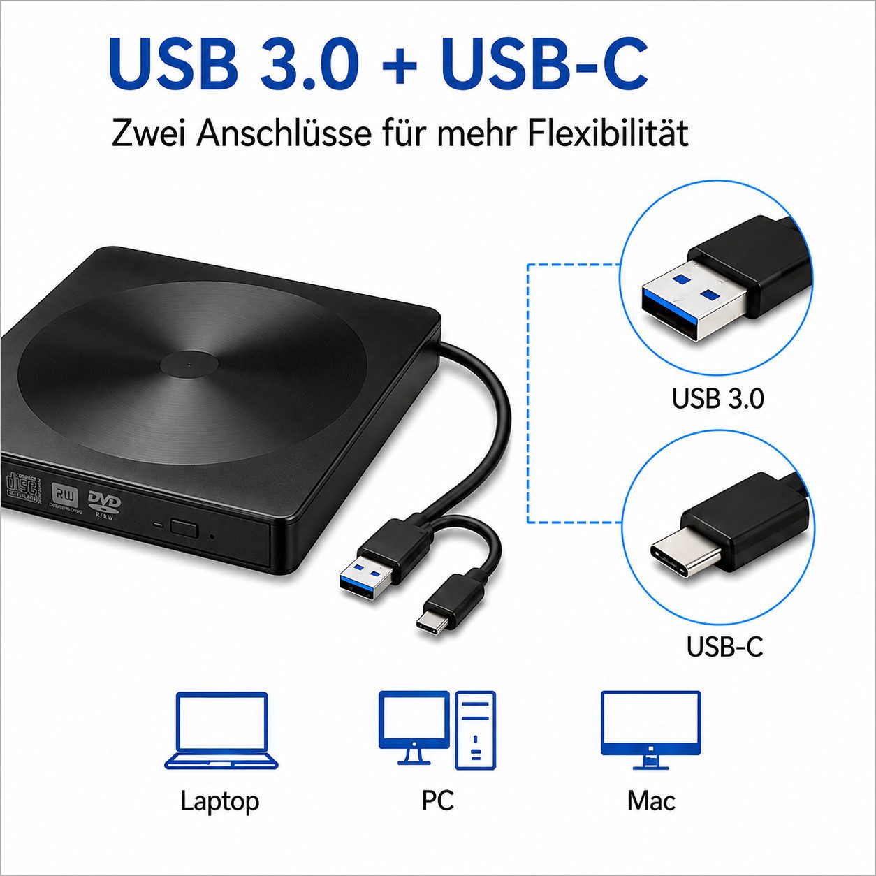 Toomoke Externes CD/DVD-Laufwerk, CD-Brenner, optisches Laufwerk, DVD-Brenner (USB-Laufwerk für Laptop, PC und Mac, kompatibel mit Windows und macOS, DVD 8x/CD  – Bild 2 von 5