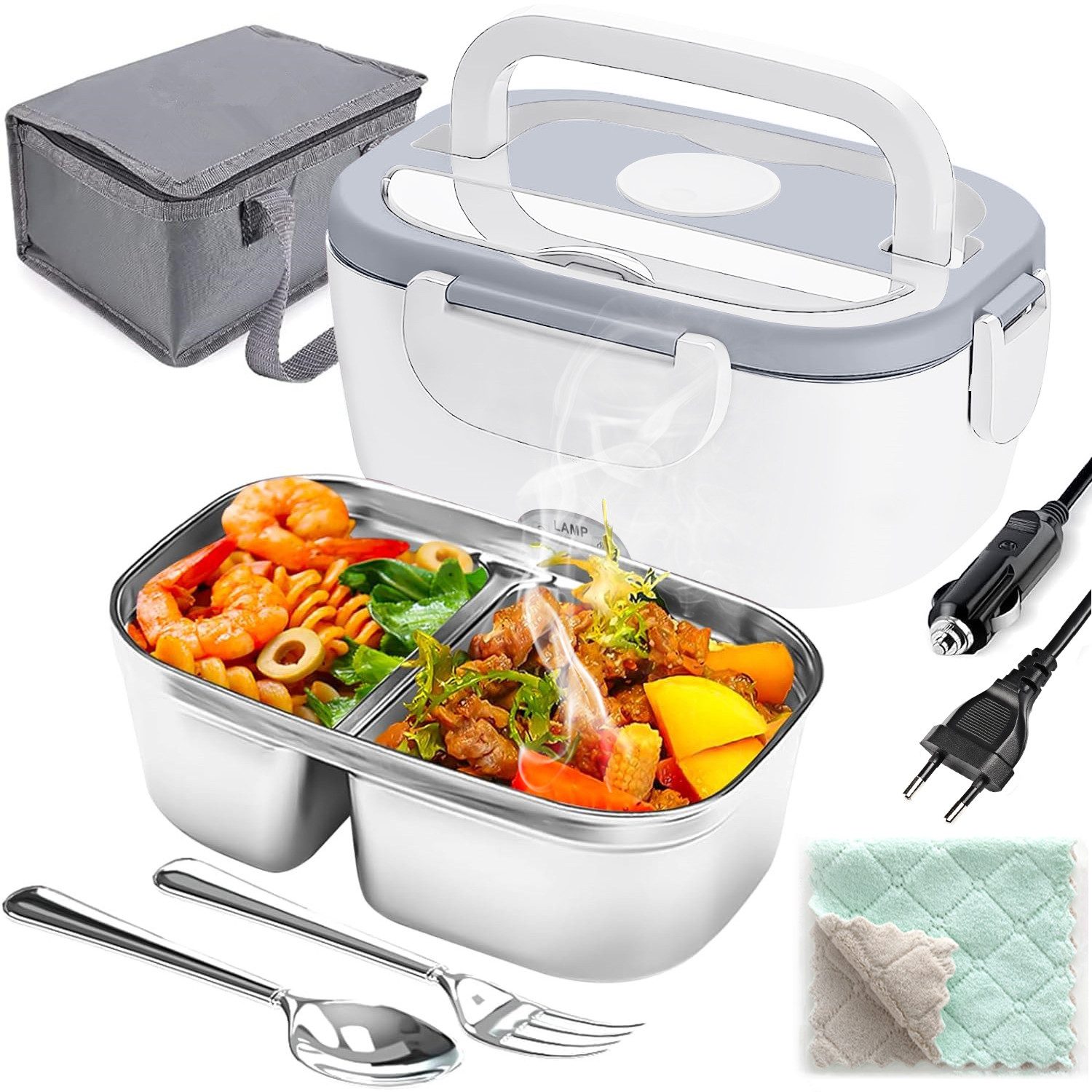 MOPUEA Elektrische Lunchbox 3 in 1 Elektrische Lunchbox Brotdose schnelles Erhitzen von Speisen, (1,5 L Großes Fassungsvermögen, mit Löffel und Gabeln, Tragetasche und Reinigungstuch), aus Edelstahl für Zuhause Auto, Design mit zwei Fächern