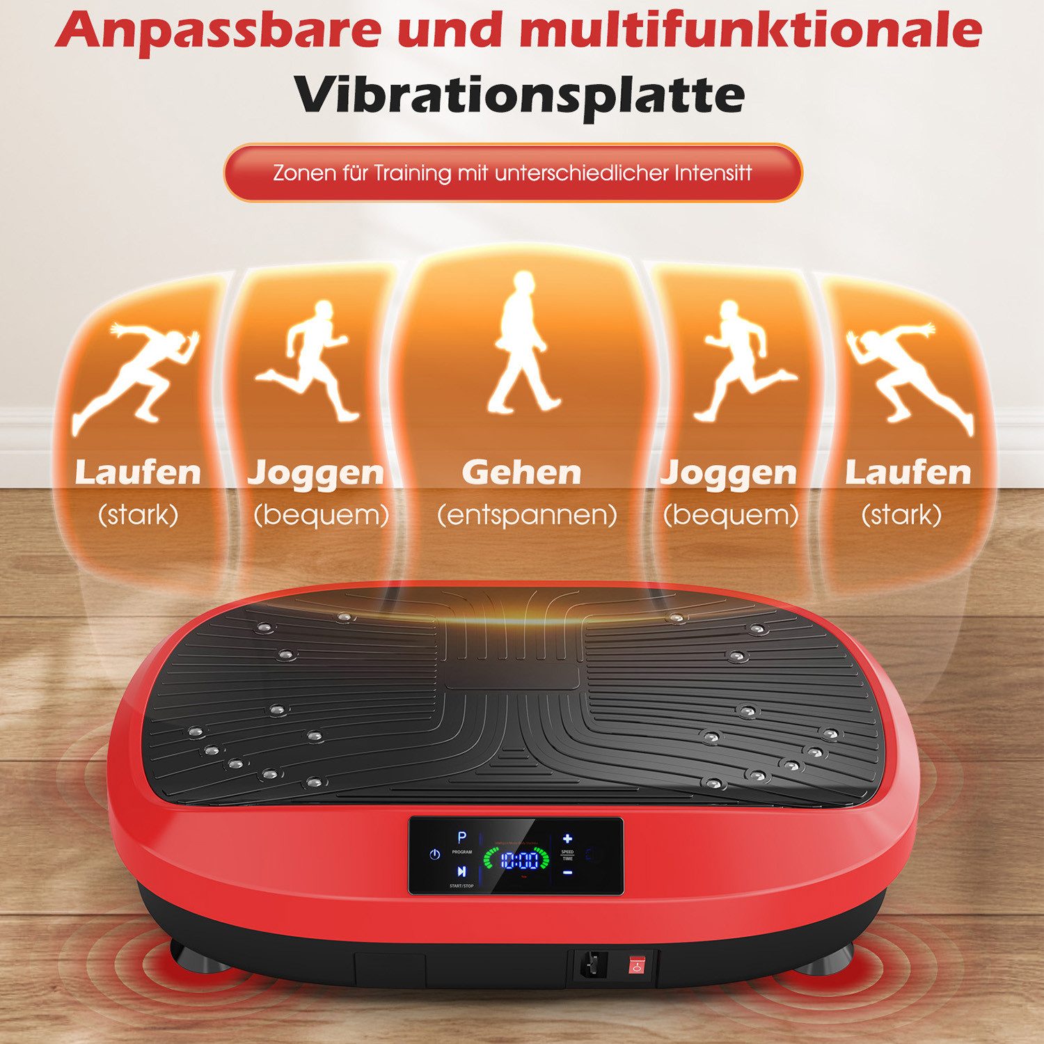 LETGOSPT Vibrationsplatte Vibrationsplatte Größe 57,5 x 42,5 x 17 cm, Bis 200KG, 200 W, 120 Intensitätsstufen, (mit Trainingsbandern, Ganzkörpertraining zu Hause), Ultra leisem Motor, Fernbedienung, Seitliche Transporträder
