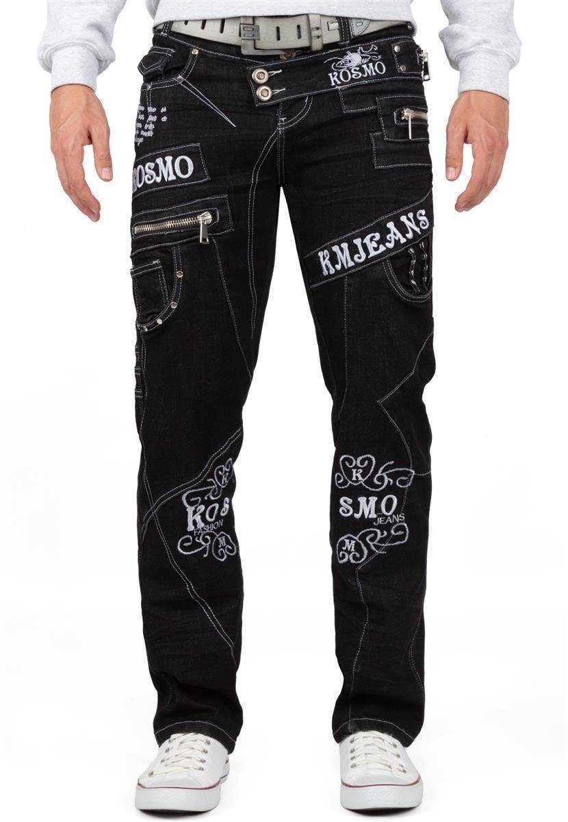 Kosmo Lupo 5-Pocket-Jeans Auffällige Herren Hose BA-KM051-1 Schwarz W32/L32 (1-tlg) Markante Waschnung und Verzierungen