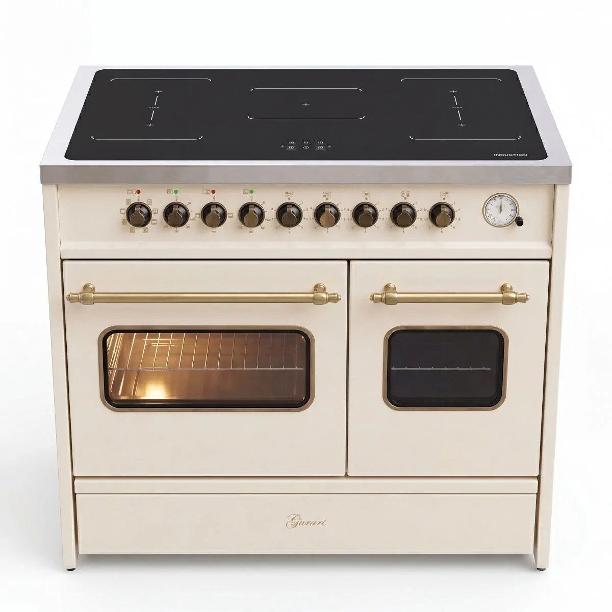 GURARI Induktions Herd-Set Retro Elektro Standherd 90 cm, Range Coocker mit FLEX Induktion und 2 Backofen+Dunstabzugshaube 90cm,Creme GCH E 913 DF CR+GCH F 461 BG 9 N, mit 1-fach-Teleskopauszug