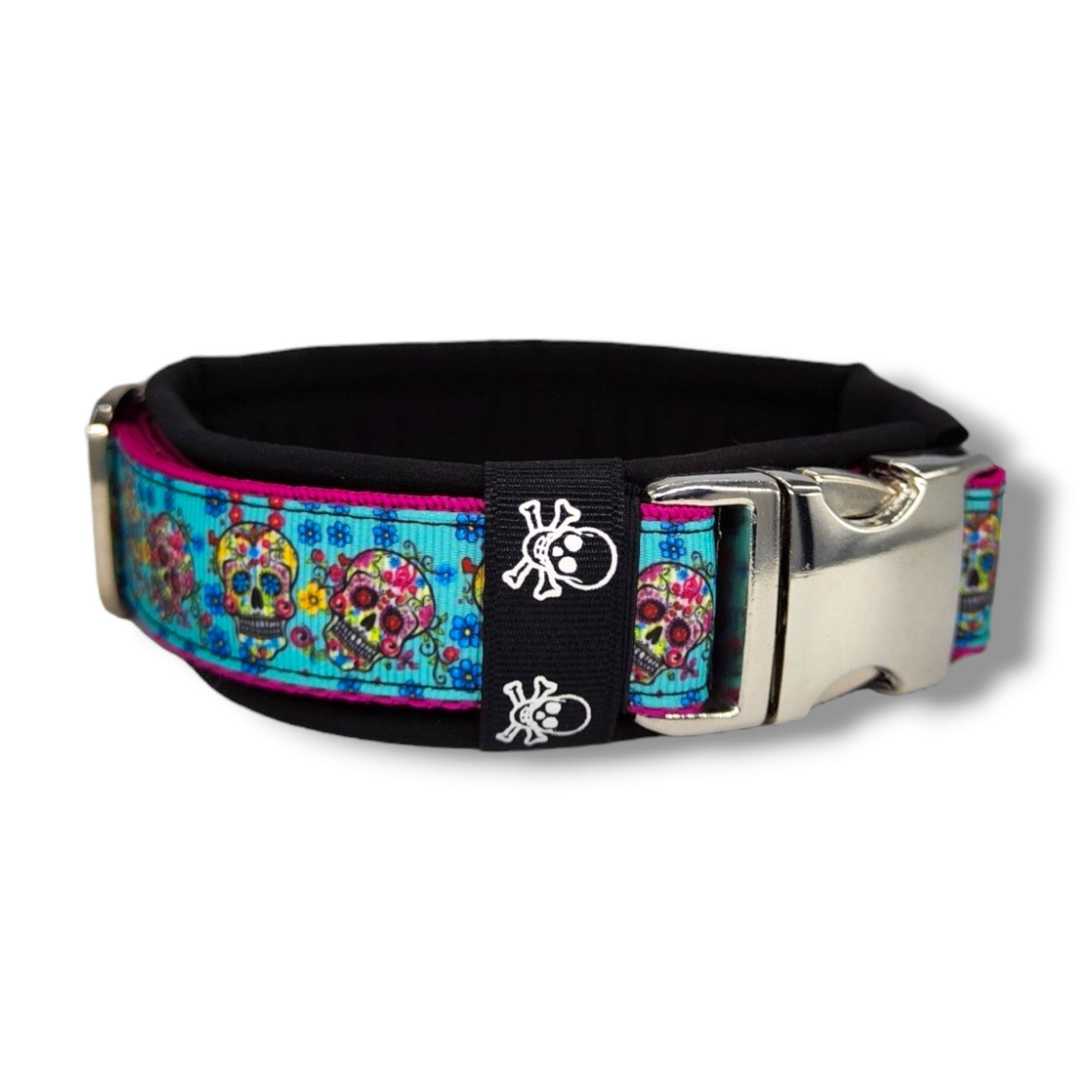 D by E Couture Hunde-Halsband "Sugar Skulls II", gepolstert, verstellbar, 30mm breit, Handmade