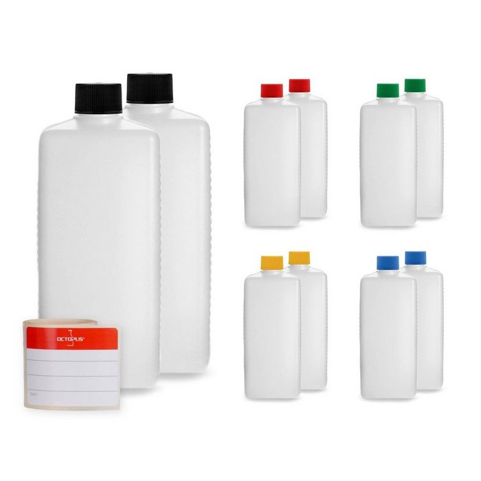 OCTOPUS Kanister 10 Plastikflaschen 500 ml eckig aus HDPE mit farbigen Schraubverschlüs (10 St)