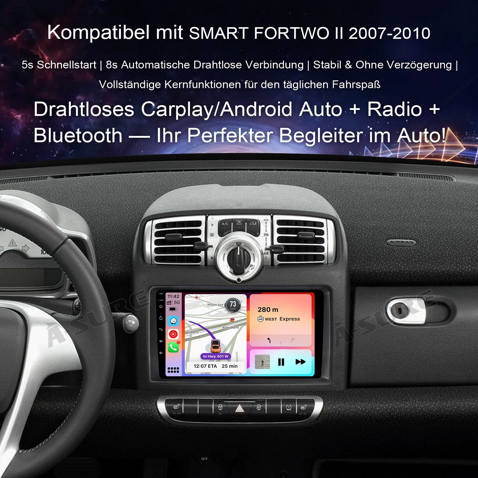 A-Sure Apple Carplay Android Auto Navi DSP Für Smart Fortwo 451 2005-2010 Autoradio (5s Schnellstart/1280*720 Screen/Apple Carplay/Android Auto/Bluetooth)