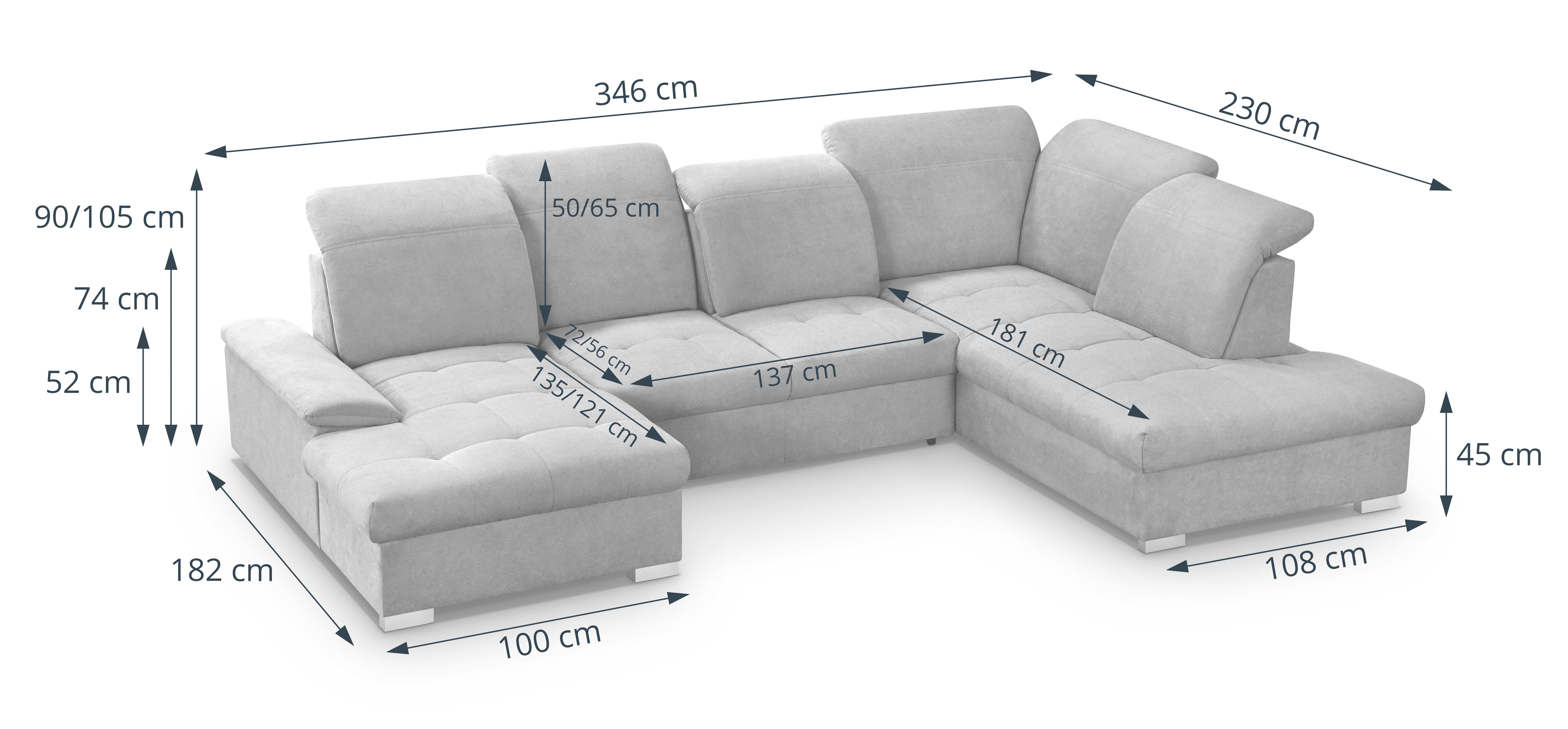 CALIZZA Kopfteilverstellung, anthrazit und inklusive INTERIORS Schlaffunktion Stauraum Wohnlandschaft Kair,