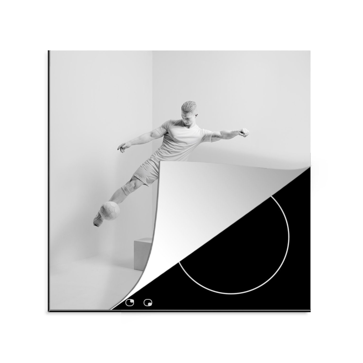 MuchoWow Herdblende-/Abdeckplatte Statue eines Fußball spielenden Jungen, Vinyl, (1 tlg), 78x78 cm, Ceranfeldabdeckung, Arbeitsplatte für küche
