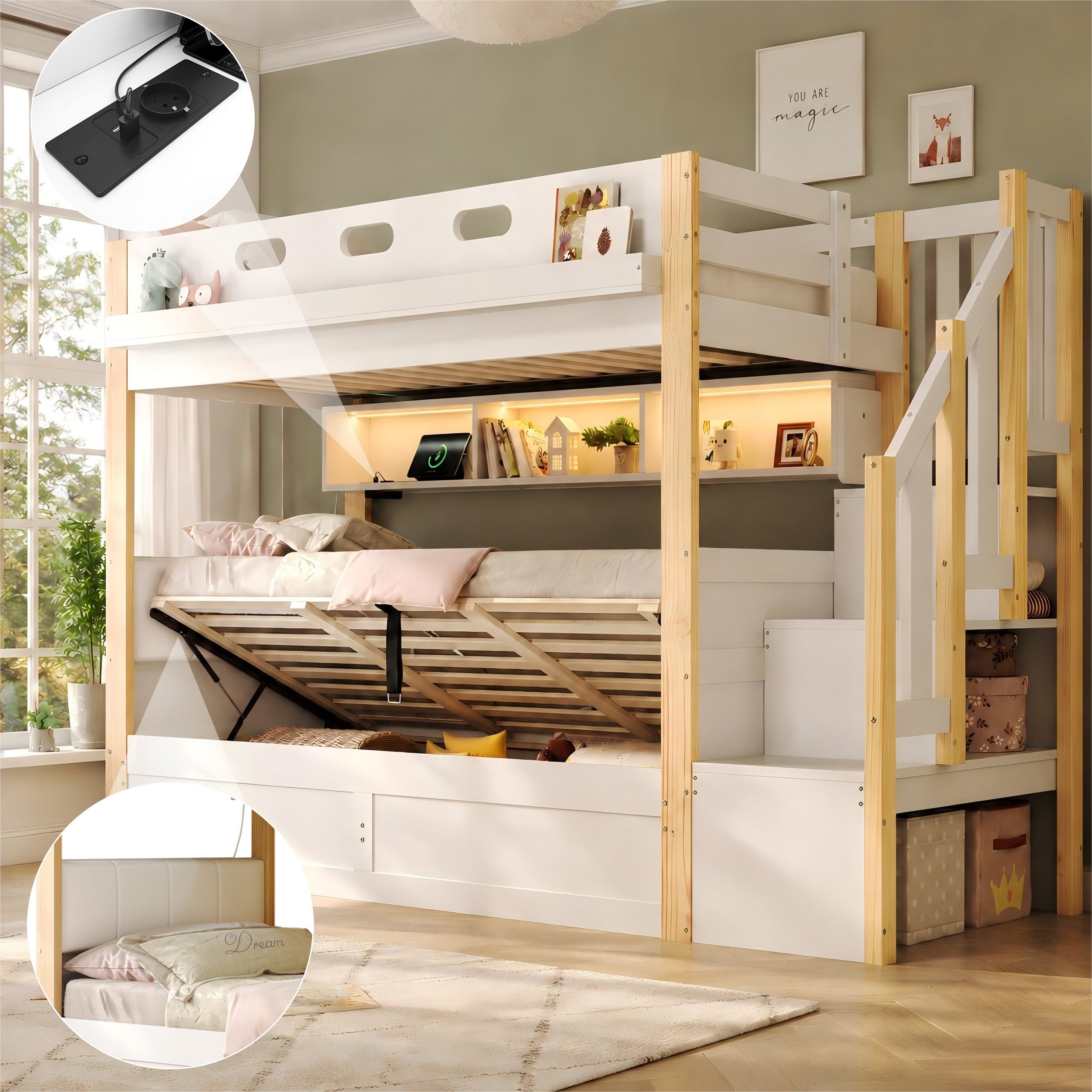 Ulife Etagenbett 2 Kinder 90×200cm mit hydraulischem Unterbett, Treppe mit Regalen, Kinderbett mit LED-Ablageboard, Hochbett großem Stauraum, Weiß + Natur