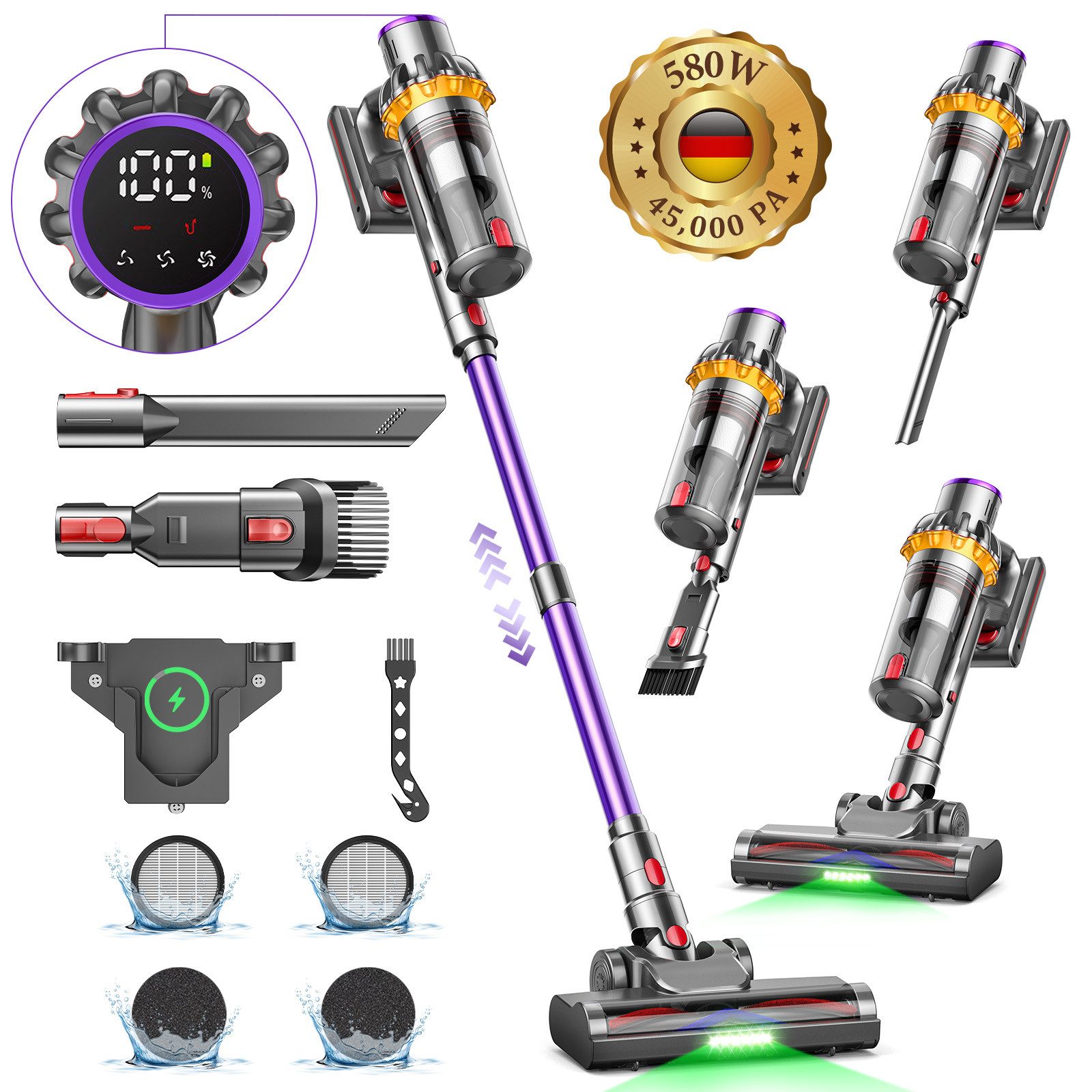 FOSMET Akku-Stielstaubsauger Akku Staubsauger 45000Pa/580W/70mins Kabelloser Stabstaubsauger, 580 W, 1,8 L Kabelloser Staubsauger – Extra leiser Elektrischer Staubsauger mit Anti-Verwicklungsbürste, Stabstaubsauger für Hartböden Teppiche Tierhaare