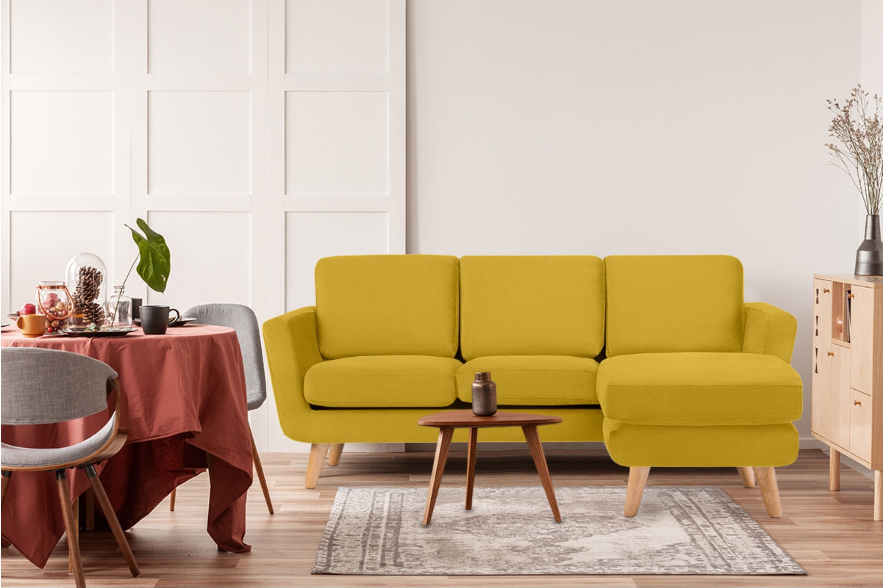 KONSIMO® Ecksofa TAGIO rechts, Scandi-Stil, mit Armlehnen, Made in Europa, Gestell aus Massivholz