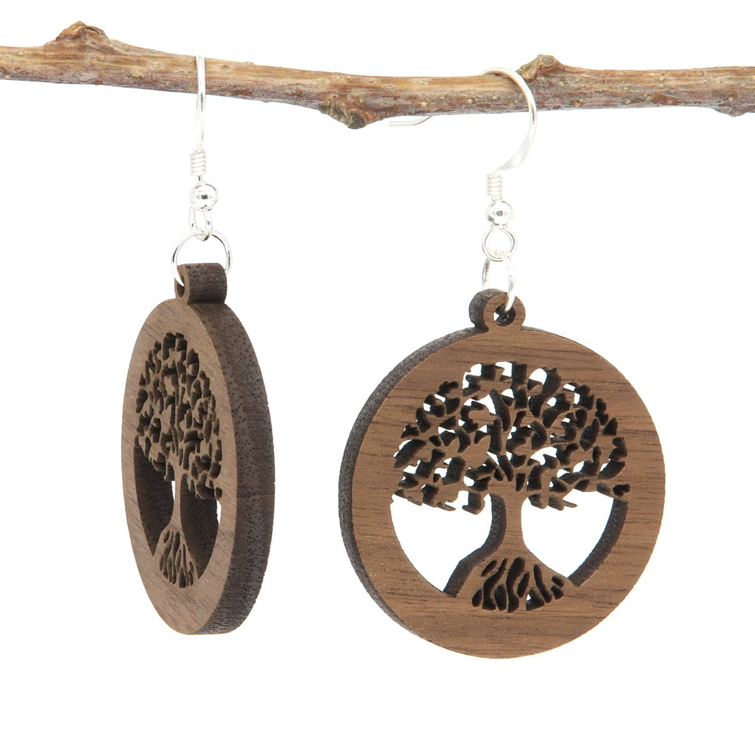 NaturSchatulle Paar (Holzschmuck, 925 Ohrhaken Ohrhänger Silber, Nachhaltig, Lebens Baum in des Germany, Holz), Naütrlich Handmade 3,2cm