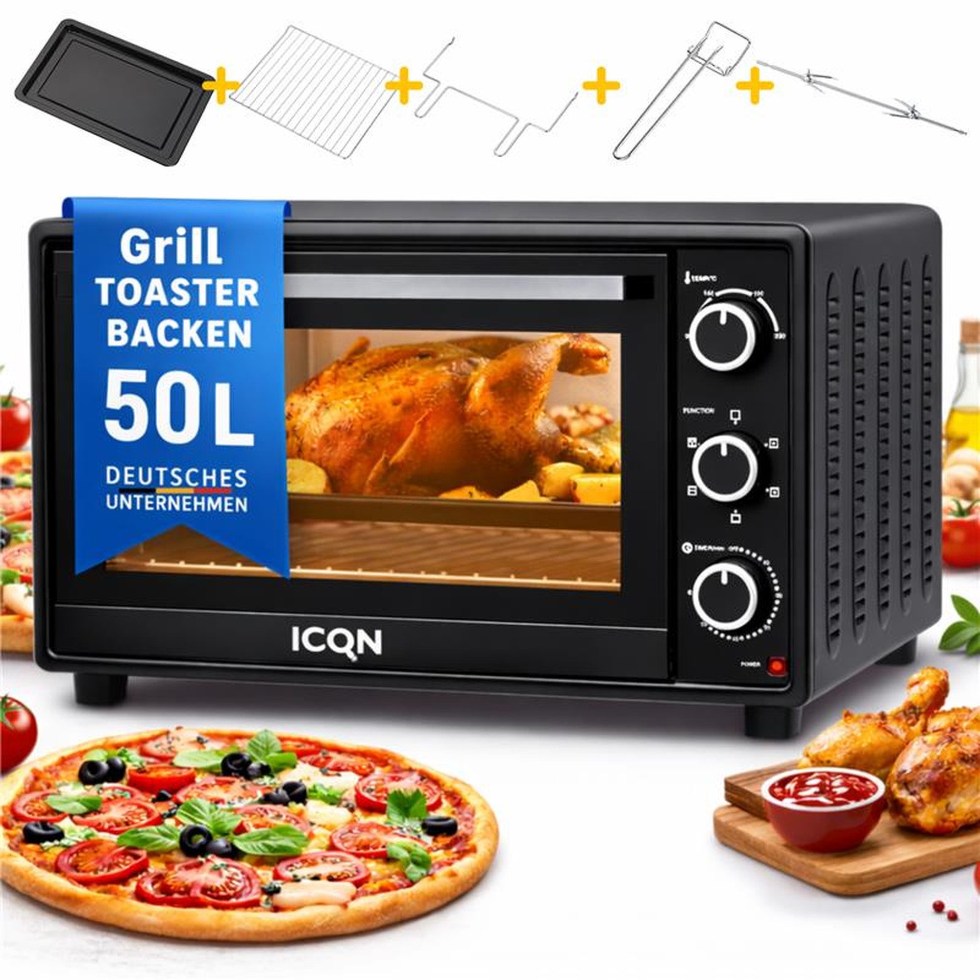 ICQN Minibackofen 50L mit Umluft, 1800 W, Drehspieß, Innenbeleuchtung, Pizzaofen, 60 Min Timer, inkl. Backblech Set, Mini-Ofen