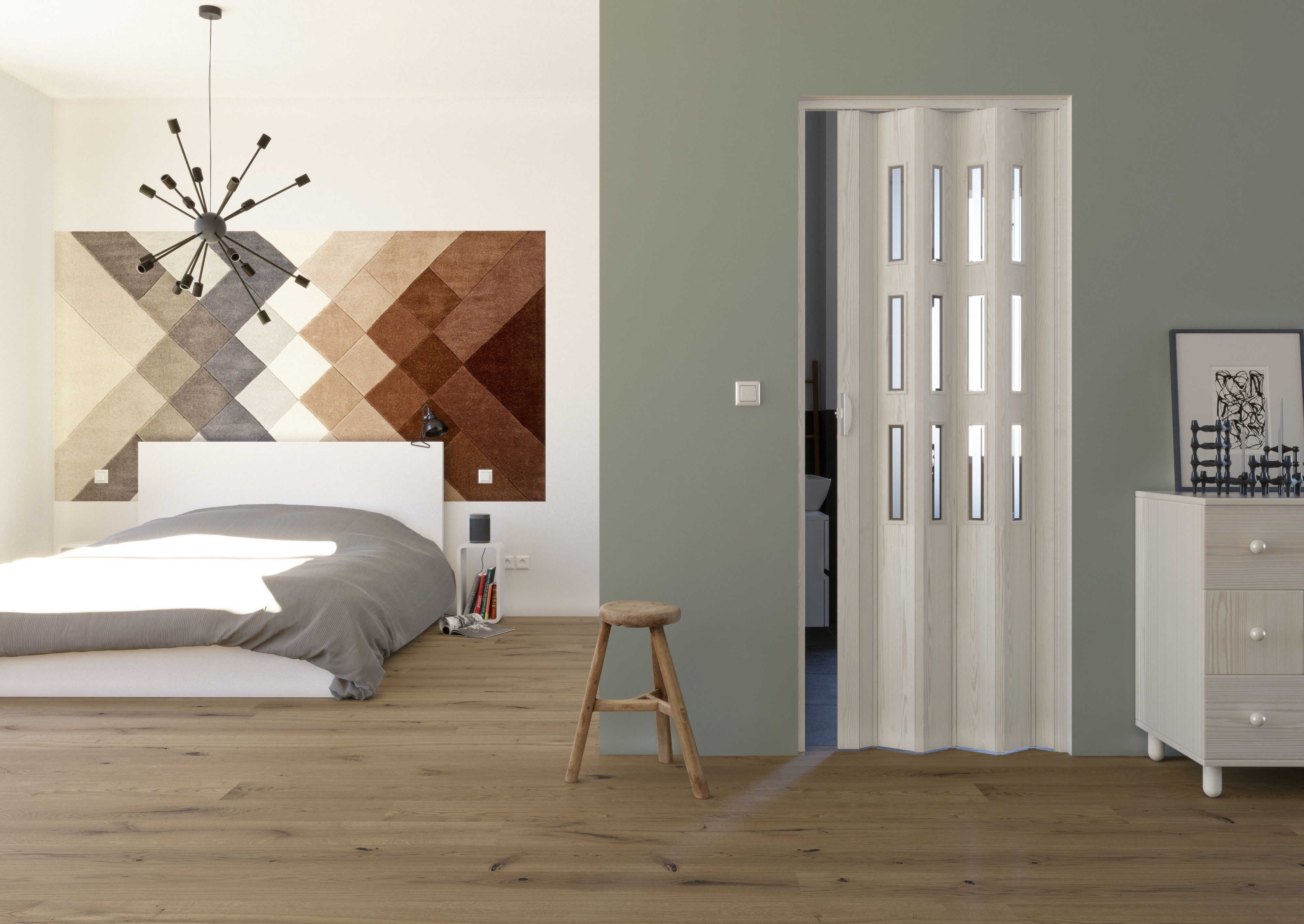 Forte Falttür Kunststoff-Falttür "Luciana" 88,5 x 202 cm Esche weiß 3 Fenster (1 Stück), abwaschbar und für Naßräume geeignet